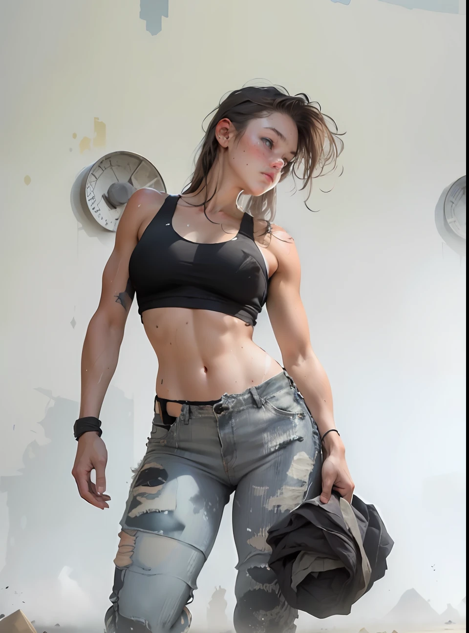 A Masterpiece, best_quality, 1girle, solo, Beautiful servicemen kneeling on the battlefield tired,grimy,Very dirty body,Dirty dirt,tanktop,thong Pants,Clothes are tattered,Pieces of clothing,Clothing crumbs,the sweat,Excessive sweating,body sweat,Body sweat beads,barefeet,Sweaty feet,Brunette Hair,the back