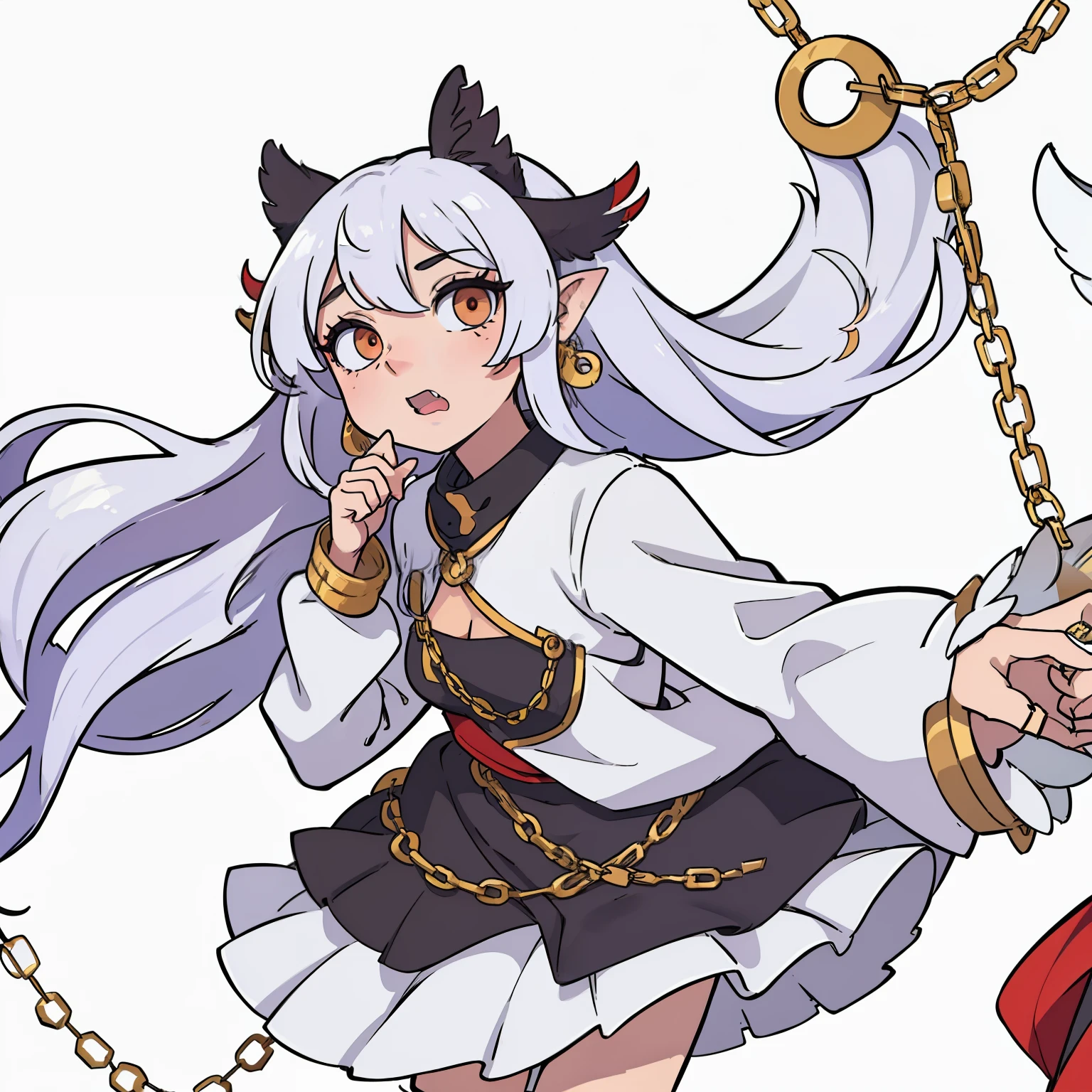 ((masterpiece)),(((best quality))),(character design sheet, same character, front, side, back), character design sheet, character reference sheet, illustration, 1 girl, owl kemonomimi, owl girl, feather ears, long hair, spikey long hair, one fang, oval eyes, long flowing sleeves, dress, drooping sleeves, white hair, red highlights in hair, painted nails, jewelry on dress, earrings on feathered ears, chains on the dress, shackles on wrist, environment change scene, anime girl (simple background, white background: 1.3)