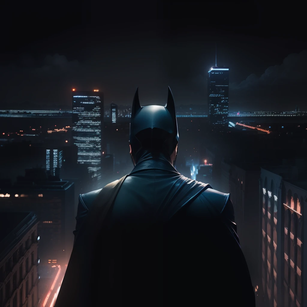 "((masterpiece)), best quality, ultra-detailed, monochromatic,(dark blue background+terracotta buildings:1.3), dynamic back view, batman, overlooking the city, neon lights, high rise buildings, night shot, Gotham vibes "