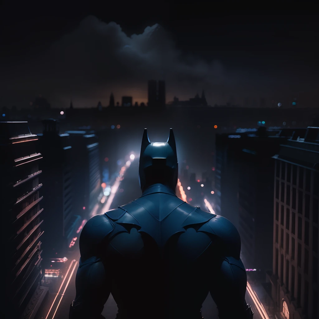 "((masterpiece)), best quality, ultra-detailed, monochromatic,(dark blue background+terracotta buildings:1.3), dynamic back view, batman, overlooking the city, neon lights, high rise buildings, night shot, Gotham vibes "