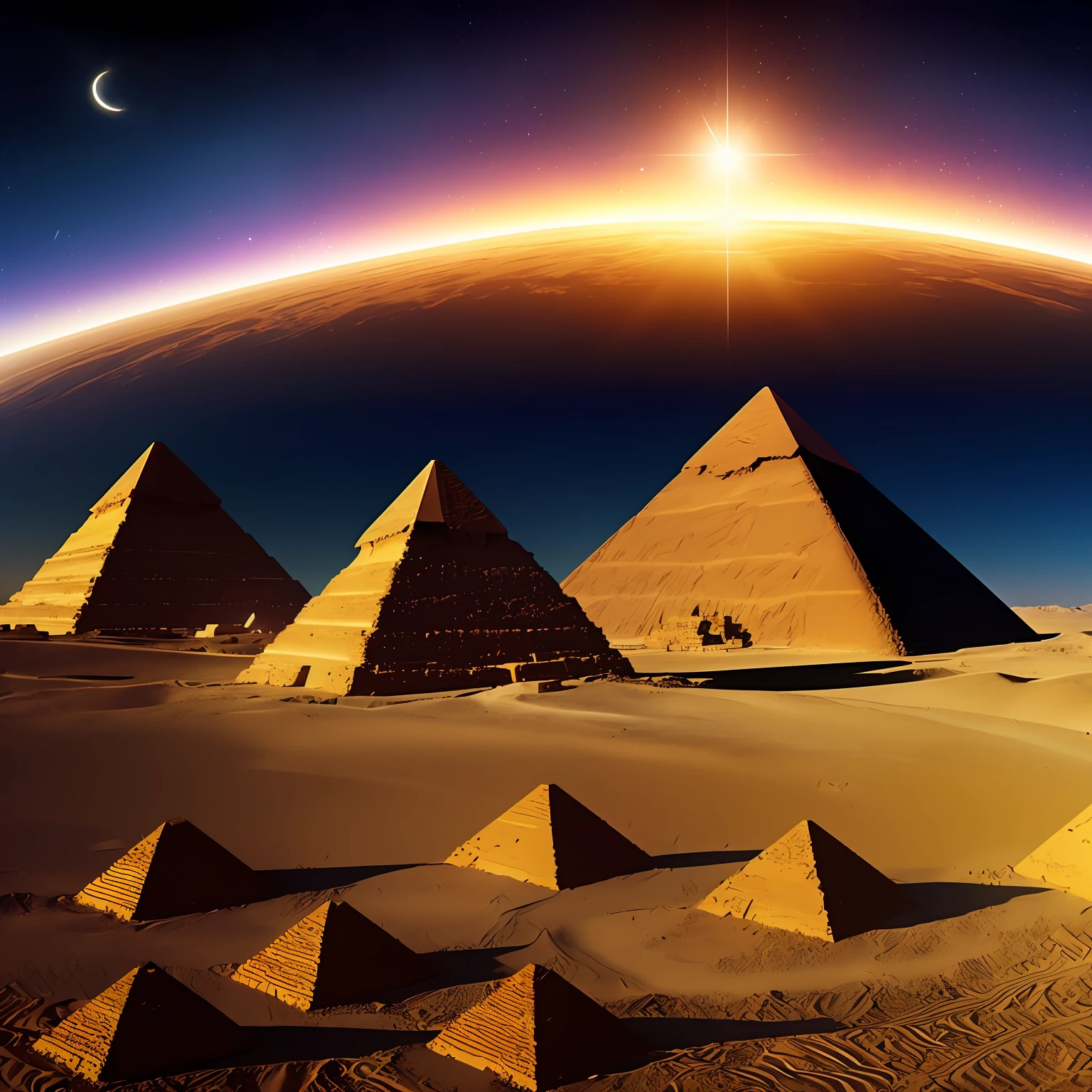 Create a scenario with the cosmic background, Three pyramids (uma grande, a day and a small), The edges of the pyramids are illuminated by a golden cosmic force received from the heavens, in the distant background a solar eclipse and a large Sirius star next to the pyramids. --auto