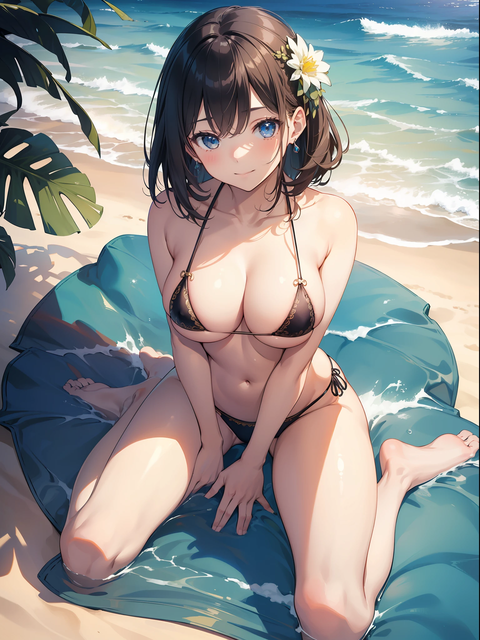 (​masterpiece、top-quality、,8K),(extremely detailed CG1.1),1 girl,Smile,(Micro Bikini:1.1),large boob,Beach,(From  above:1.2),pov、Sitting,Summer light,Intricate details , Hyper realistic, Perfect Anatomy