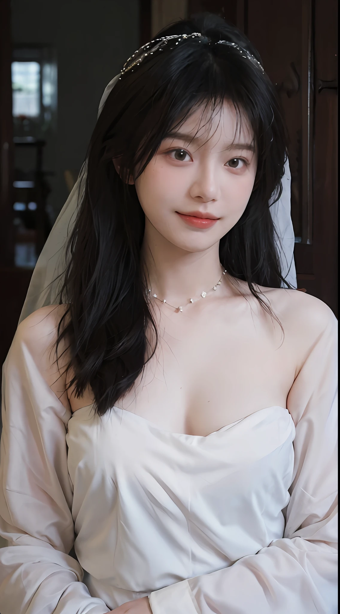 best qualtiy, 超高分辨率, (realisticlying:1.4),cute hairpin,Baoyu Girl,Stand in the wedding hall,Wearing a white bandeau wedding dress,(flatchest:1.2) ,A pair of clear and moving peach blossom eyes,Royal Sister,sunshine on face,Big wavy hairstyle,(choker necklace:1.2),(Fair skin:1.4),a sense of atmosphere,a beauty girl, ssmile,head straight-looking at viewer, closeup cleavage ,(Photorealistic:1.4),1girll,Sexy,(Upper body:1.4),(Wet body),(:1.2)