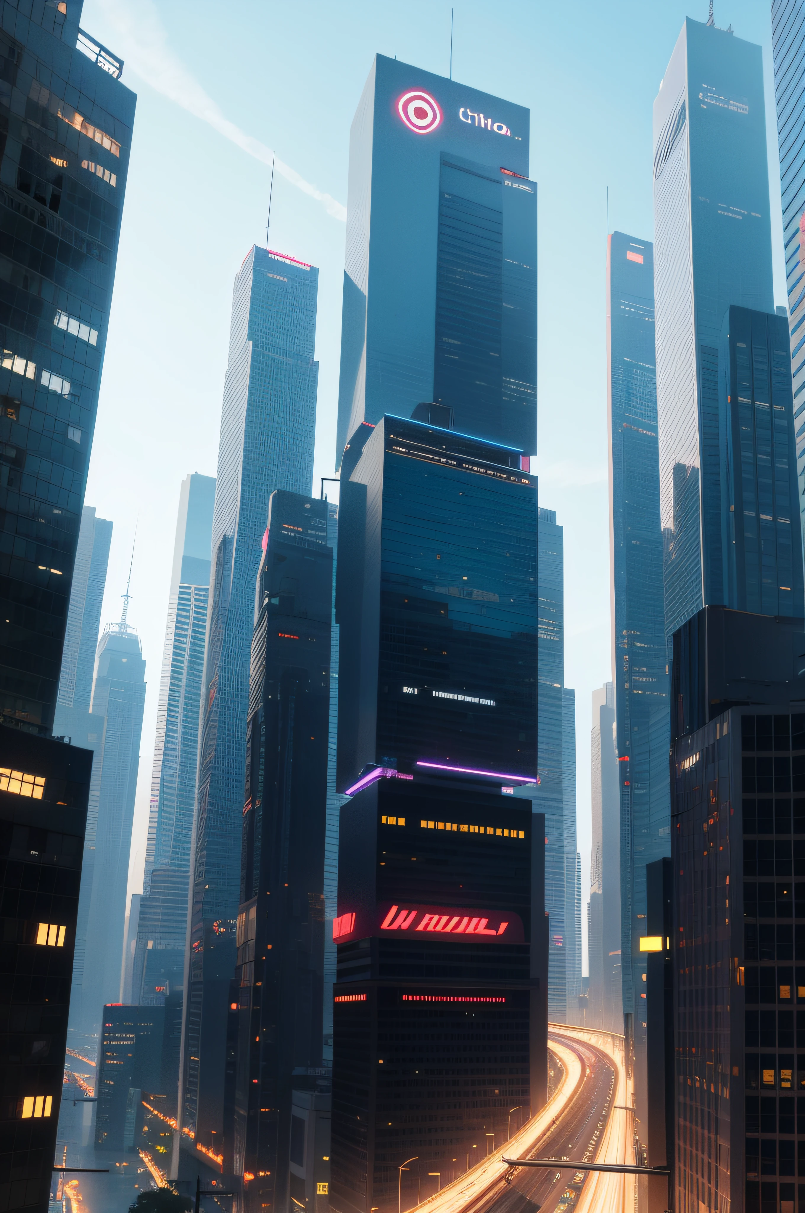 Uma moto numa cidade, cidade cyberpunk, tall buildings, horizonte ensolarado, indescribable vibe