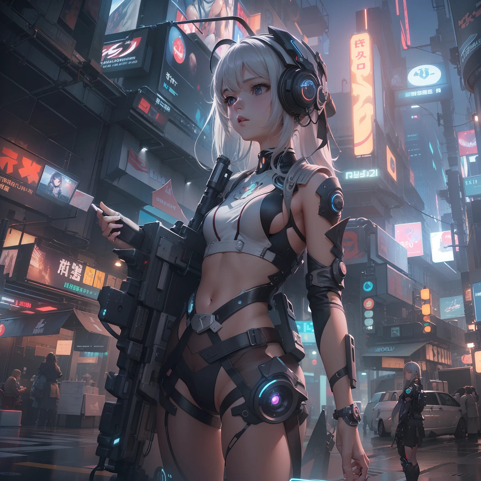 (((​masterpiece)))、(((top-quality)))、((ultra-definition))、(High Definition CG Illustration)、((extremely delicate and beautiful))、Cinematic Light、cyberpunked、Cyber City、2050s、animesque、girl with、Girl like a goddess、trending on artstationh、Rachel Walker、