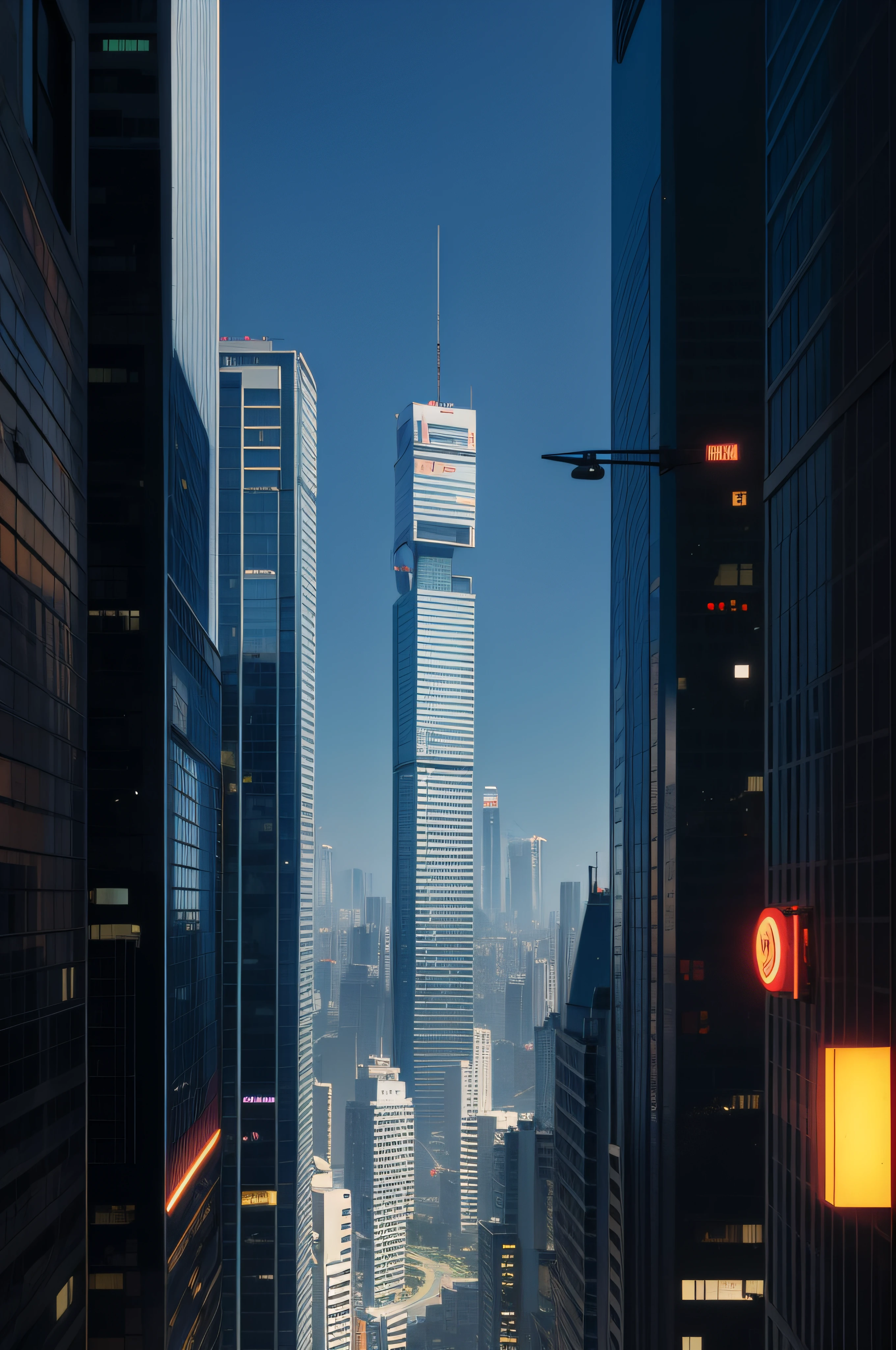 Uma moto numa cidade, cidade cyberpunk, tall buildings, horizonte ensolarado, indescribable vibe