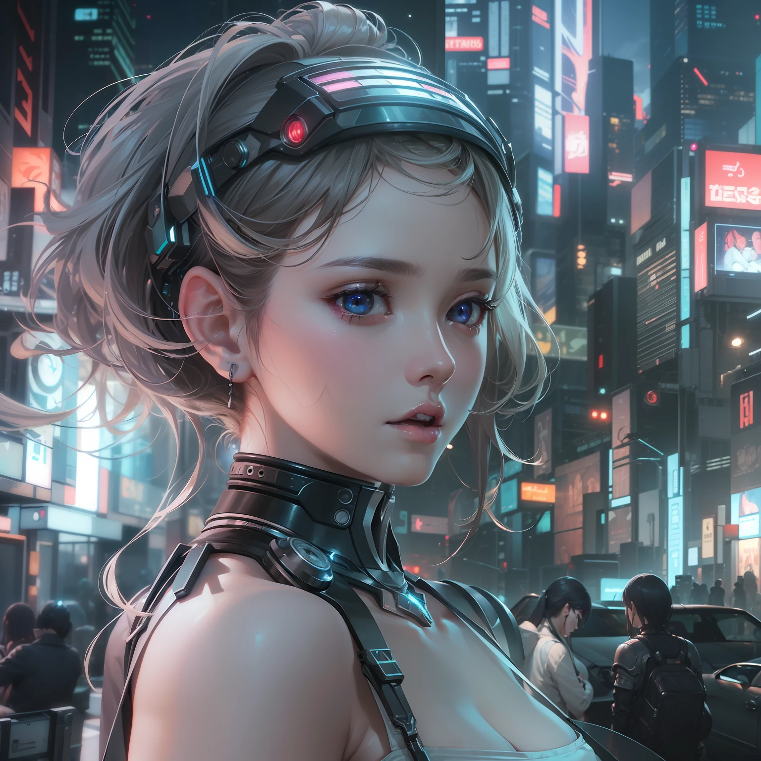 (((masterpiece)))、(((top-quality)))、((ultra-definition))、(High Definition CG Illustration)、((extremely delicate and beautiful))、Cinematic Light、cyberpunked、Cyber City、2050s、animesque、girl with、Girl like a goddess、trending on artstationh、Rachel Walker、