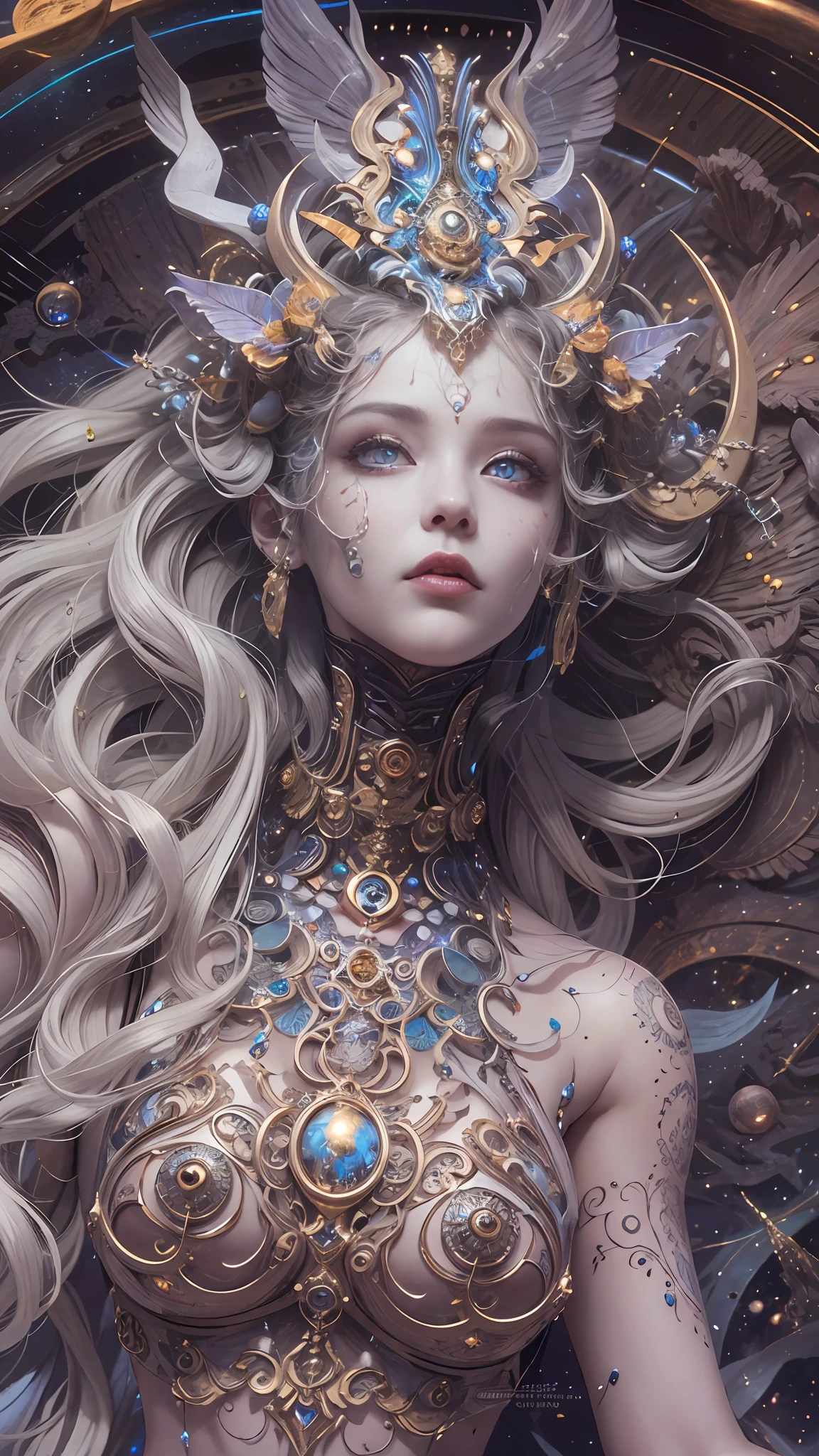 (best qualtiy,ultra - detailed,Most Best Illustration,Best shadow,tmasterpiece,A high resolution,professionalartwork,famousartwork),Detailed eyes,beautidful eyes,closeup cleavage,sci-fy,colored sclera,Robot eyes,face markings,Tattooed with,(fractalized,Fractal eyes),largeeyes,Wide eyes,(Eye focus),sface focus,Cosmic eyes,Space eyes,Close-up of metal sculpture of a woman with a moon in her hair,goddes。extremly high detail,3 d goddess portrait,Extremely detailed footage of the goddess,a stunning portrait of a goddess,goddess portrait,portrait of a beautiful goddess,goddess close-up portrait,hecate goddess,portrait of a norse moon goddess,goddess of space and time