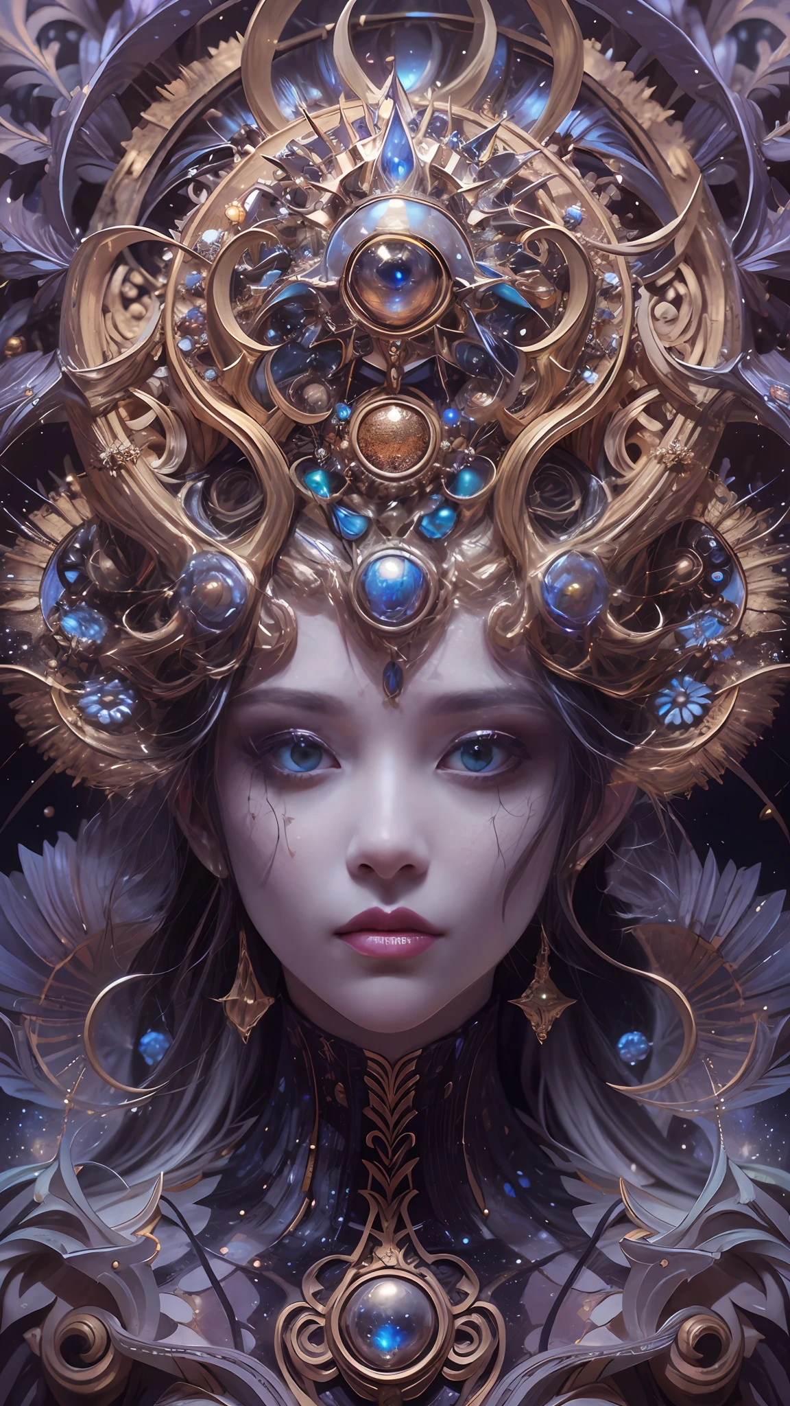 (best qualtiy,ultra - detailed,Most Best Illustration,Best shadow,tmasterpiece,A high resolution,professionalartwork,famousartwork),Detailed eyes,beautidful eyes,closeup cleavage,sci-fy,colored sclera,Robot eyes,face markings,Tattooed with,(fractalized,Fractal eyes),largeeyes,Wide eyes,(Eye focus),sface focus,Cosmic eyes,Space eyes,Close-up of metal sculpture of a woman with a moon in her hair,goddes。extremly high detail,3 d goddess portrait,Extremely detailed footage of the goddess,a stunning portrait of a goddess,goddess portrait,portrait of a beautiful goddess,goddess close-up portrait,hecate goddess,portrait of a norse moon goddess,goddess of space and time