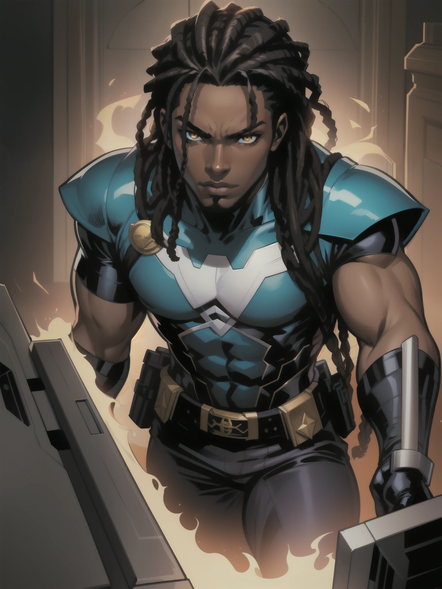 Masterpiece, Excellent, 1boy, solo, complex details, color diffusion, comic book, anime, Marvel, DC, prince, dark skin, ebony, brown skin, dark-skinned male, dark hair, black hair, dreadlocks, golden eyes, epic attire, assassin, badass, trending, demon, anti-hero, young, royalty