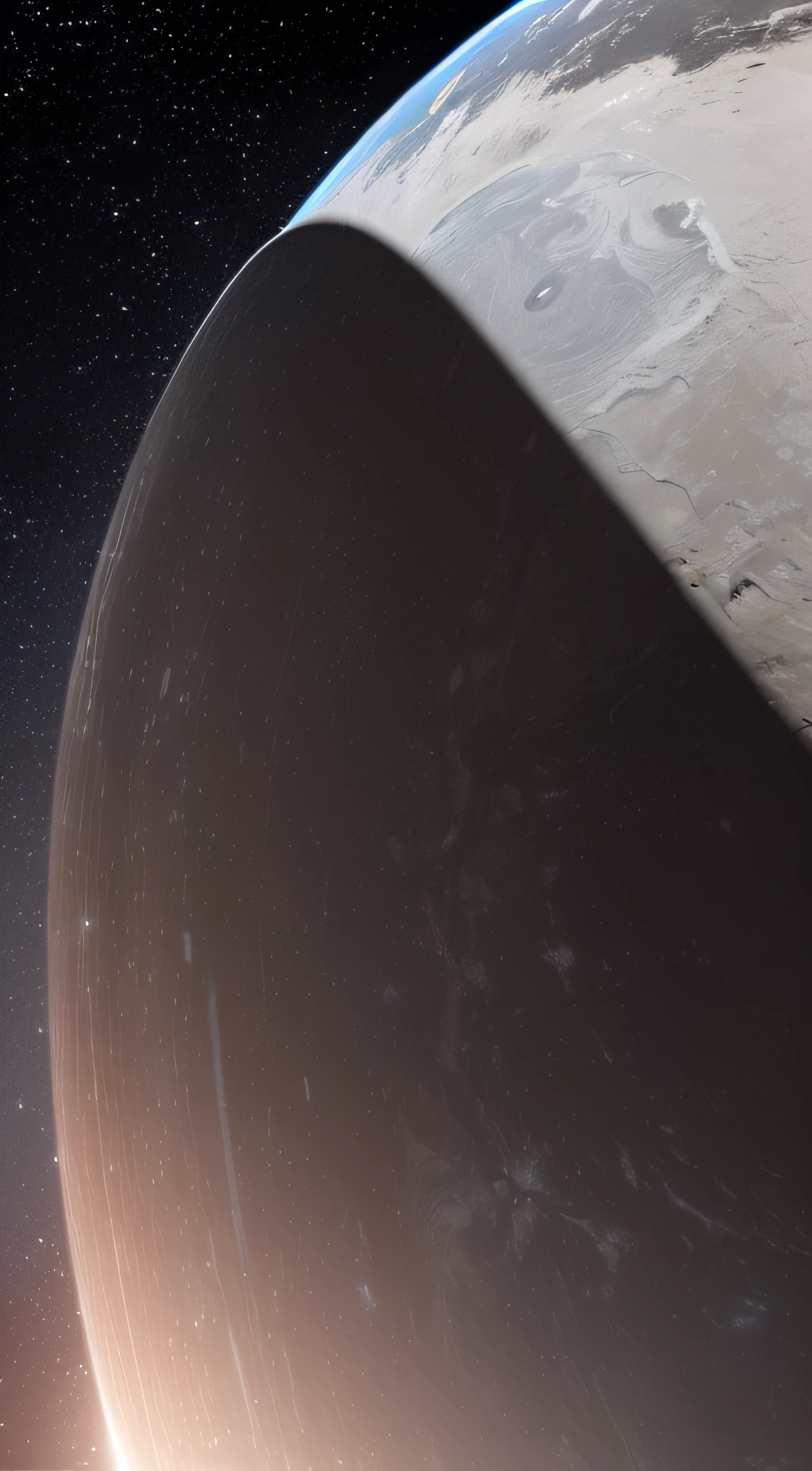 (obra maestra) | (un planeta gris oscuro, con gases negros en su superficie que crean espirales, tres lunas orbitando. entorno espacial con poca luz) | (luz realista, telescopio, efecto de luz)