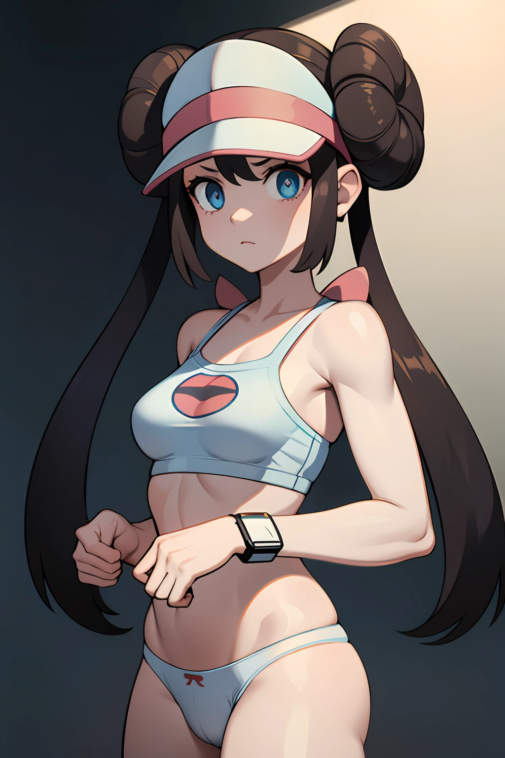 1girl in, RO1, Hair buns, blue eyess, Twin-tailed, Visor Cap, panthyhose, undergarment、White underwear、white panty、String panties、White bra, Pink ribbon, wrist watch, middlebreast, natta
