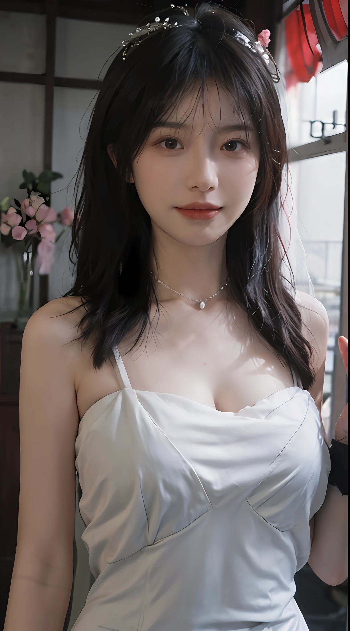 best qualtiy, 超高分辨率, (realisticlying:1.4),cute hairpin,Baoyu Girl,Stand in the wedding hall,Wearing a white bandeau wedding dress,(flatchest:1.2) ,A pair of clear and moving peach blossom eyes,Royal Sister,sunshine on face,Big wavy hairstyle,(choker necklace:1.2),(Fair skin:1.4),a sense of atmosphere,a beauty girl, ssmile,head straight-looking at viewer, closeup cleavage ,(Photorealistic:1.4),1girll,Sexy,(Upper body:1.4),(Wet body),(:1.2)