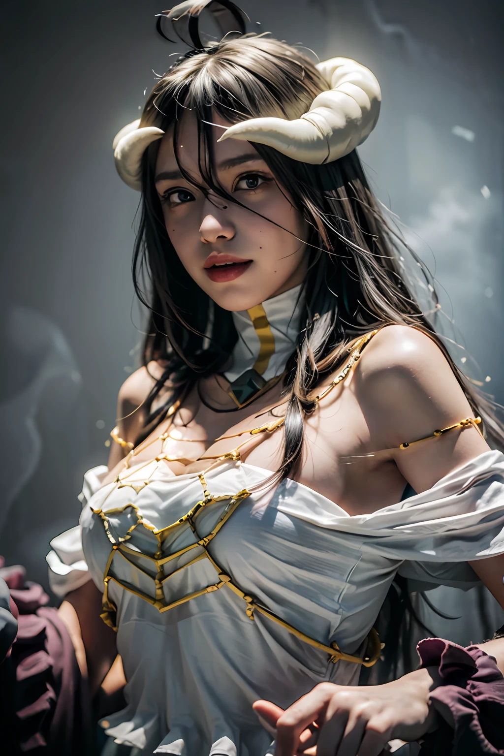 obra-prima, melhor qualidade, highres, al1, demonic horns, pupilas de fenda, luvas brancas, vestido branco, ombros nus, colarinho destacado, seios grandes, decote, asas pretas, asas emplumadas, asas baixas, tiro de cowboy, standingn, sorriso, masmorra, sorriso maligno,