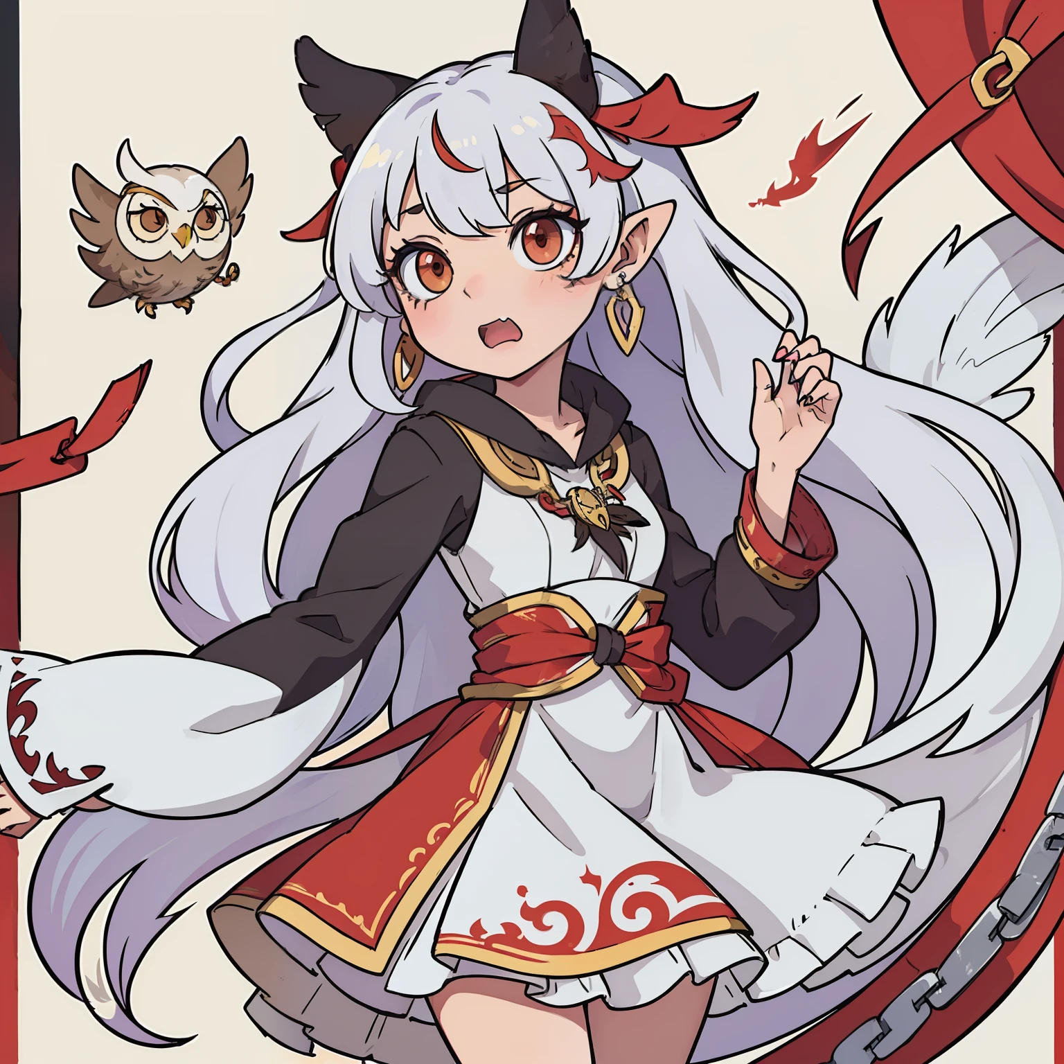 (((masterpiece))),(((best quality))),((character design sheet, same character)), character design sheet, character reference sheet, illustration, 1 girl, owl kemonomimi, owl girl, feather ears, long hair, spikey long hair, one fang, oval eyes, long flowing sleeves, dress, drooping sleeves, white hair, red highlights in hair, painted nails, jewelry on dress, earrings on feathered ears, chains on the dress, shackles on wrist, anime girl