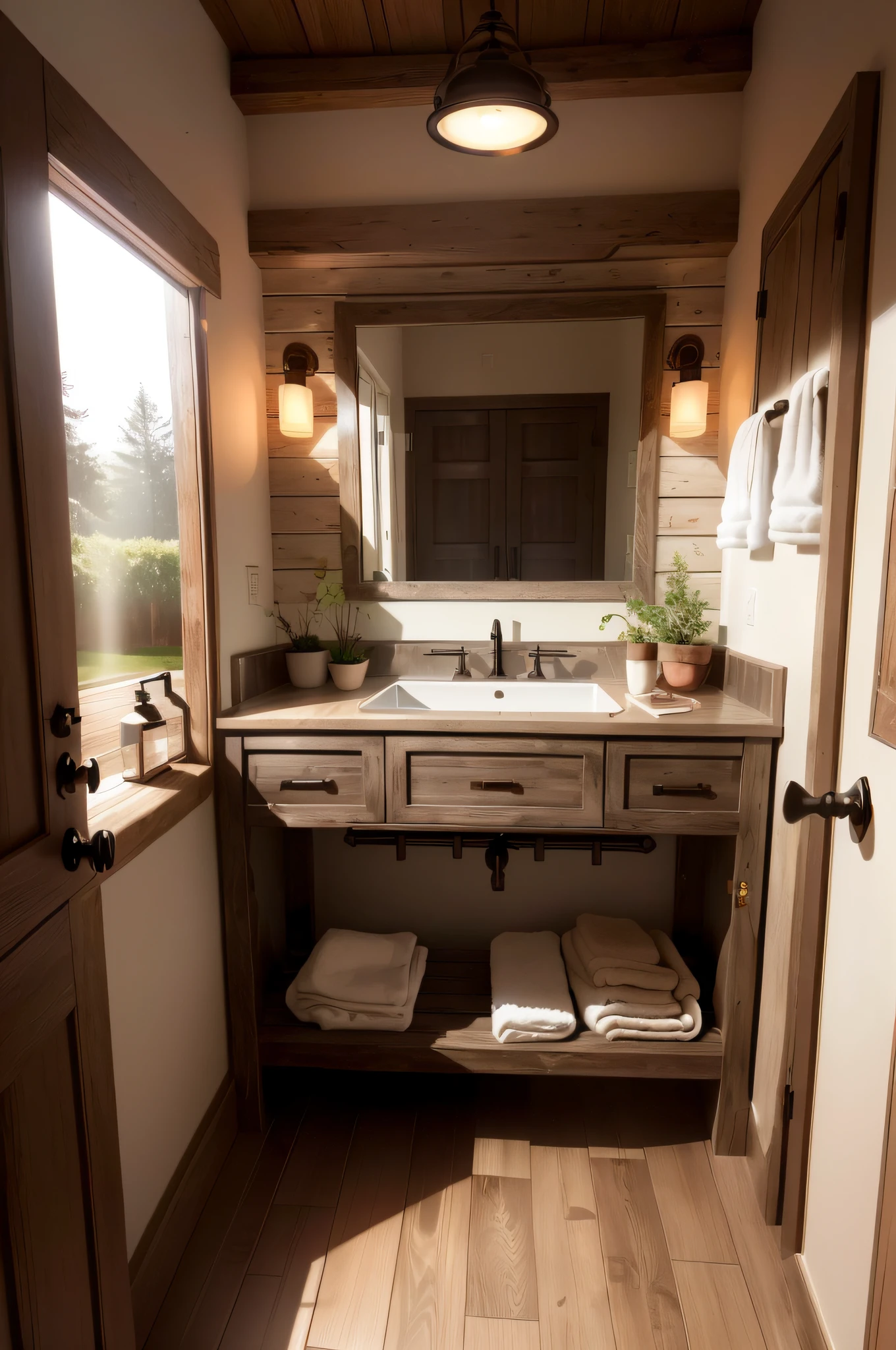 There is a bathroom with a sink and a mirror, scenic full shot, arredores detalhados, design de banheiro premium, Flawless and clean design, clean and pristine design, preenchido com luz natural, natural Detailed Lighting, renderizado em corona, interior de uma casa de banho, um tiro largo e cheio, soft natural lighting, linda luz natural, bottom angle, muita luz solar