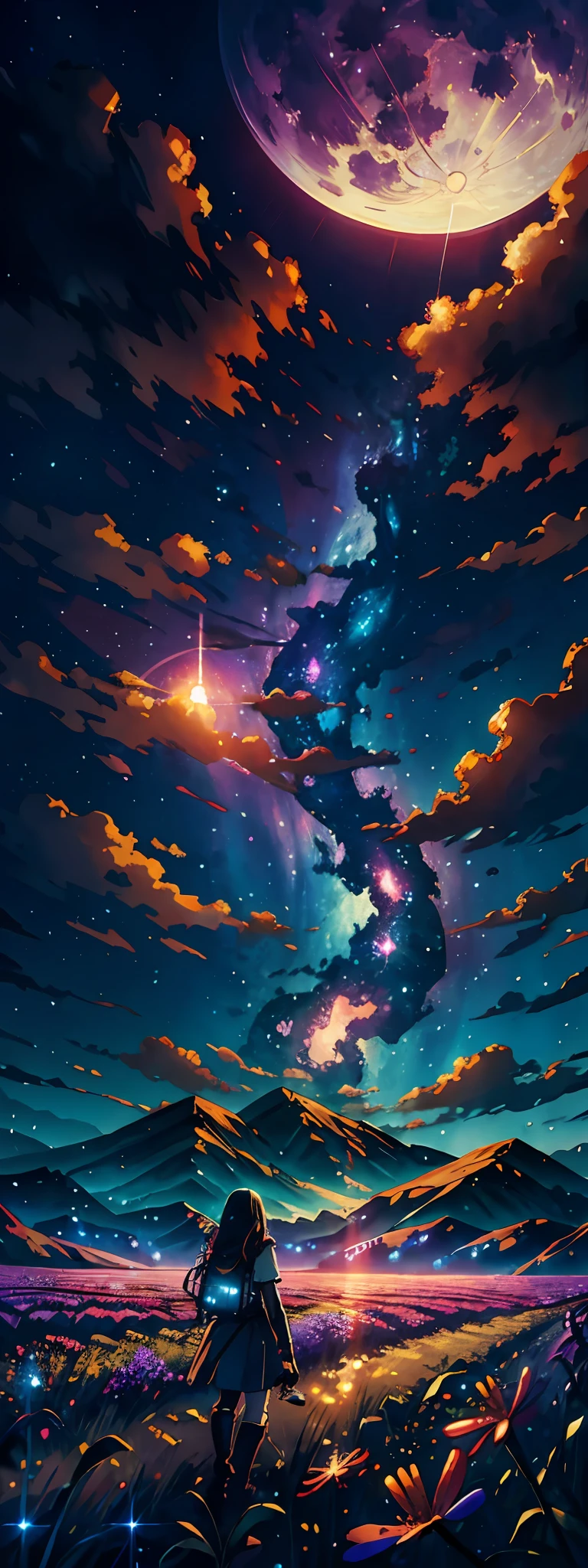 expansive landscape photograph , (a view from below that shows sky above and open field below), a girl standing on flower field looking up, (full moon:1.2), ( shooting stars:0.9), (nebula:1.3), distant mountain, tree BREAK
production art, (warm light source:1.2), (Firefly:1.2), lamp, lot of purple and orange, intricate details, volumetric lighting BREAK
(masterpiece:1.2), (best quality), 4k, ultra-detailed, (dynamic composition:1.4), highly detailed, colorful details,( iridescent colors:1.2), (glowing lighting, atmospheric lighting), dreamy, magical, (solo:1.2)