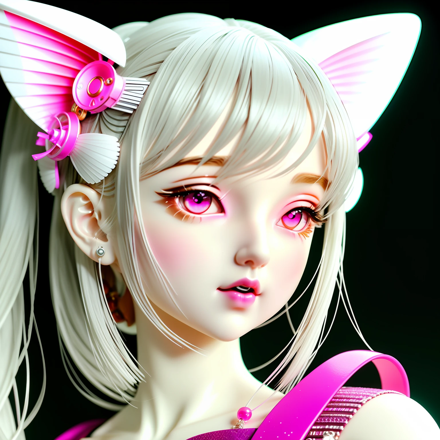 Doll with pink eyes and pink dress, detailed body and eyes, with very highly detailed face, Face up, face - up, ultral detailed face and eyes, super detailed face and eyes, Detailed big eyes, very detailed face and ears, big detailed eyes, with gorgeous detailed eyes, ultrarealistic sweet bunny girl, wlop loish and clamp style，ghost in the shell geisha robot, cyberpunk geisha, portrait of a cyborg queen, porcelain cyborg, Goddess. Extremely high detail, cyberpunk robotic elvish queen, resin statue，inspired by Jin Nong,  Japanese robot geisha，Children of God priests，Spell，The amulet is familiar，Shrine Maiden Duties，