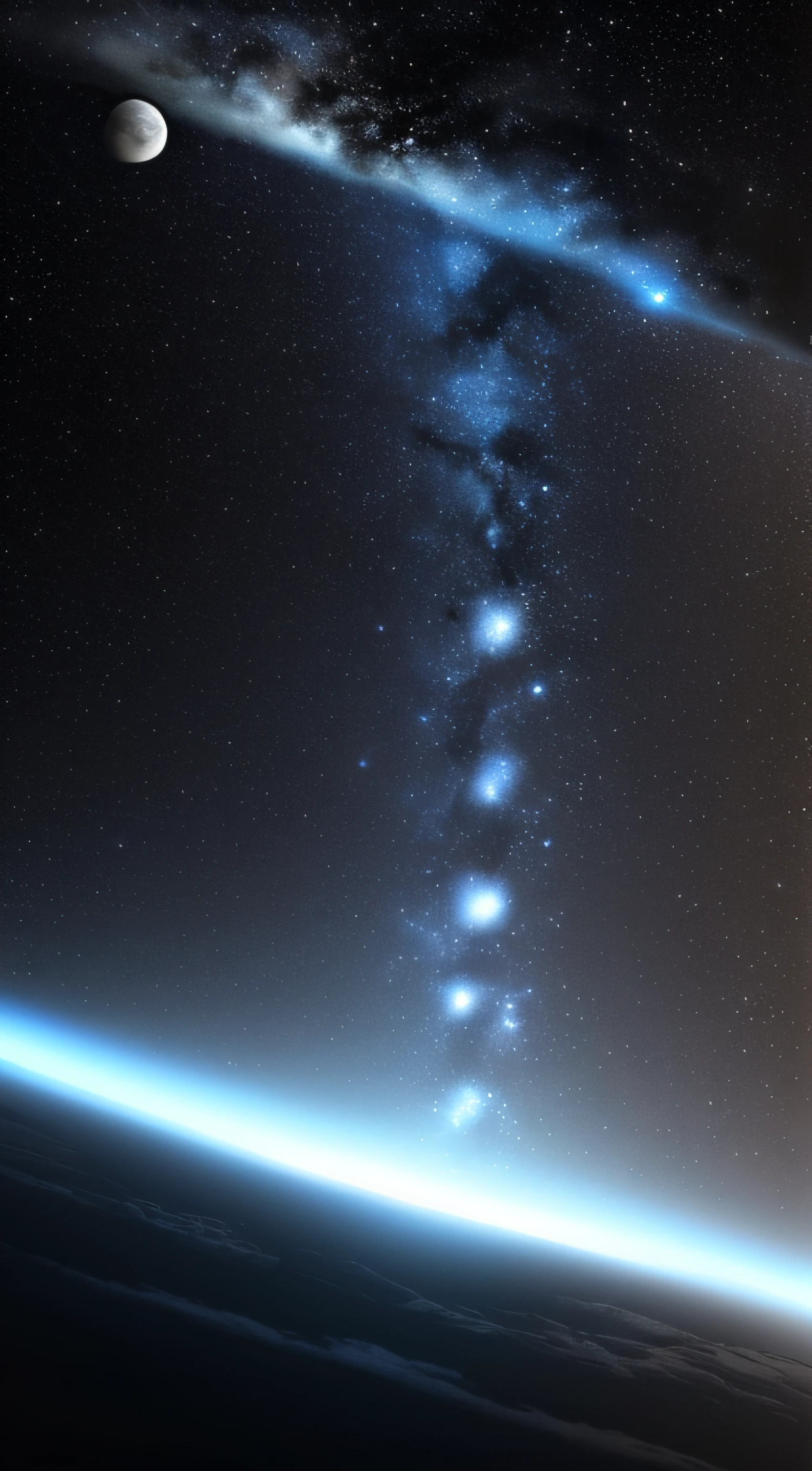 (obra maestra) | (un planeta gris oscuro, con gases negros en su superficie que crean espirales, tres lunas orbitando. entorno espacial con poca luz) | (luz realista, telescopio, efecto de luz)