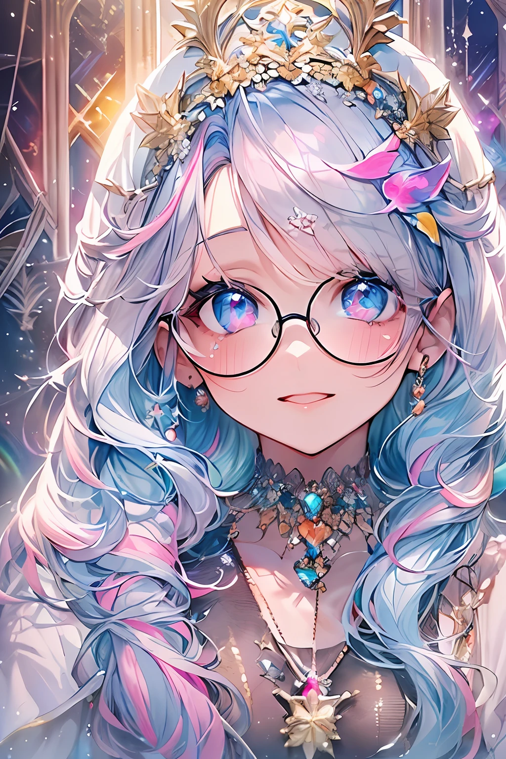 ((​masterpiece、top-quality、Watercolor art(Pendants)、Official art、Beautifully Aesthetic:1.2))、(1girl in:1.3)、(Fractal Art:1.3)、full body Esbian、((Glitter pupils))、patterns、((rainbow-colored hair、colourful hair、Half blue and half pink hair:1.2))、colourfull、(Silver-rimmed glasses)、Writing、heterochromia iridis、(colourfull:1.5)、(Dress)、(mansion)、((Shy face))、((maikurobikini))、(Standing)、(Hyper-detailing), ((delicate detail)), (intricate detailes), ((ciinematic light, best quality backlight)), highcontrast, ((The best lighting, extremely delicate and beautiful)), ((ciinematic light))、(ray trace reflection、brilliance)、((glowing aura))、((Radiant hair))、((The ultra-detailliert))、((8K))