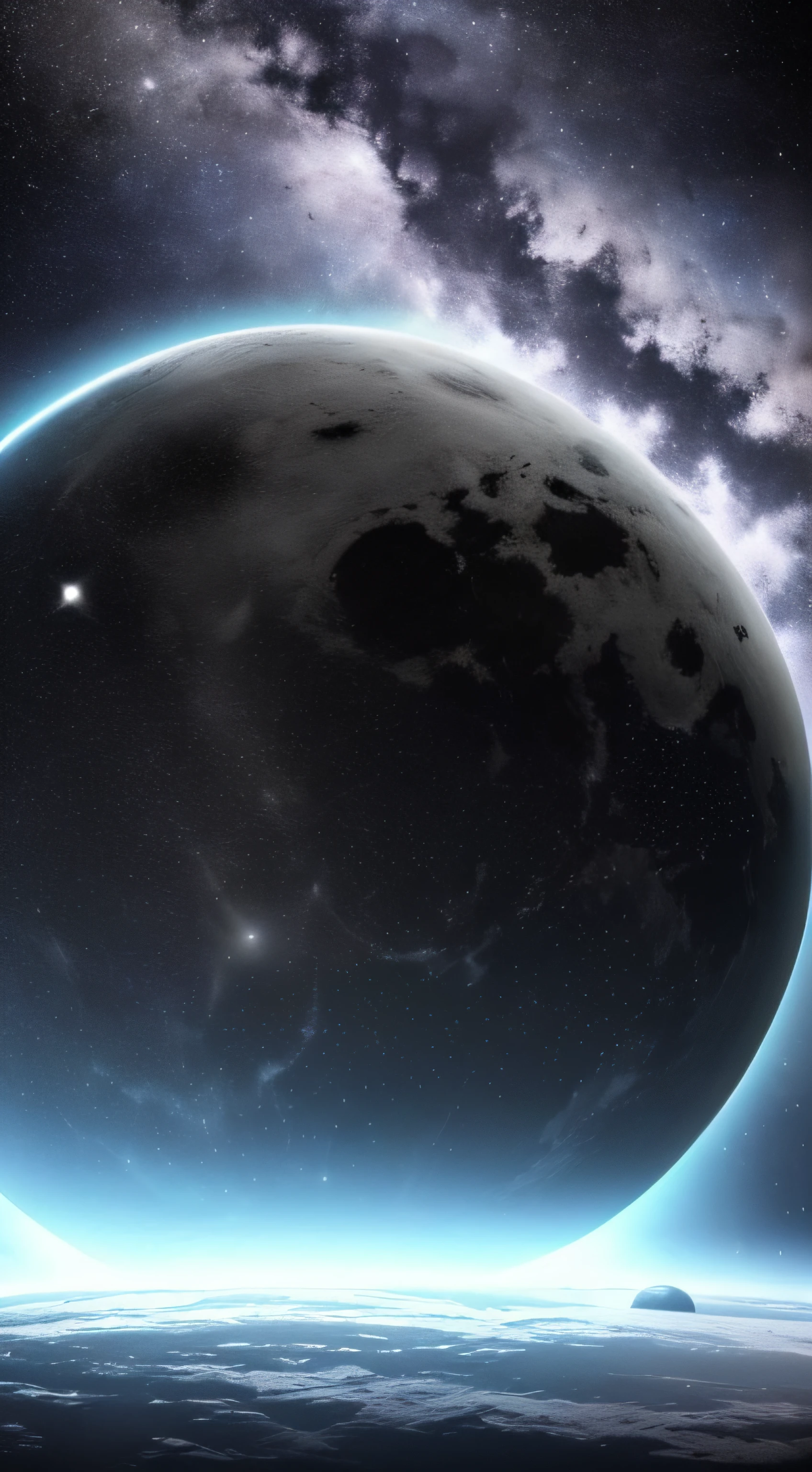 (obra maestra) | (un planeta gris oscuro, con gases negros en su superficie que crean espirales, tres lunas orbitando. entorno espacial con poca luz) | (luz realista, telescopio, efecto de luz)
