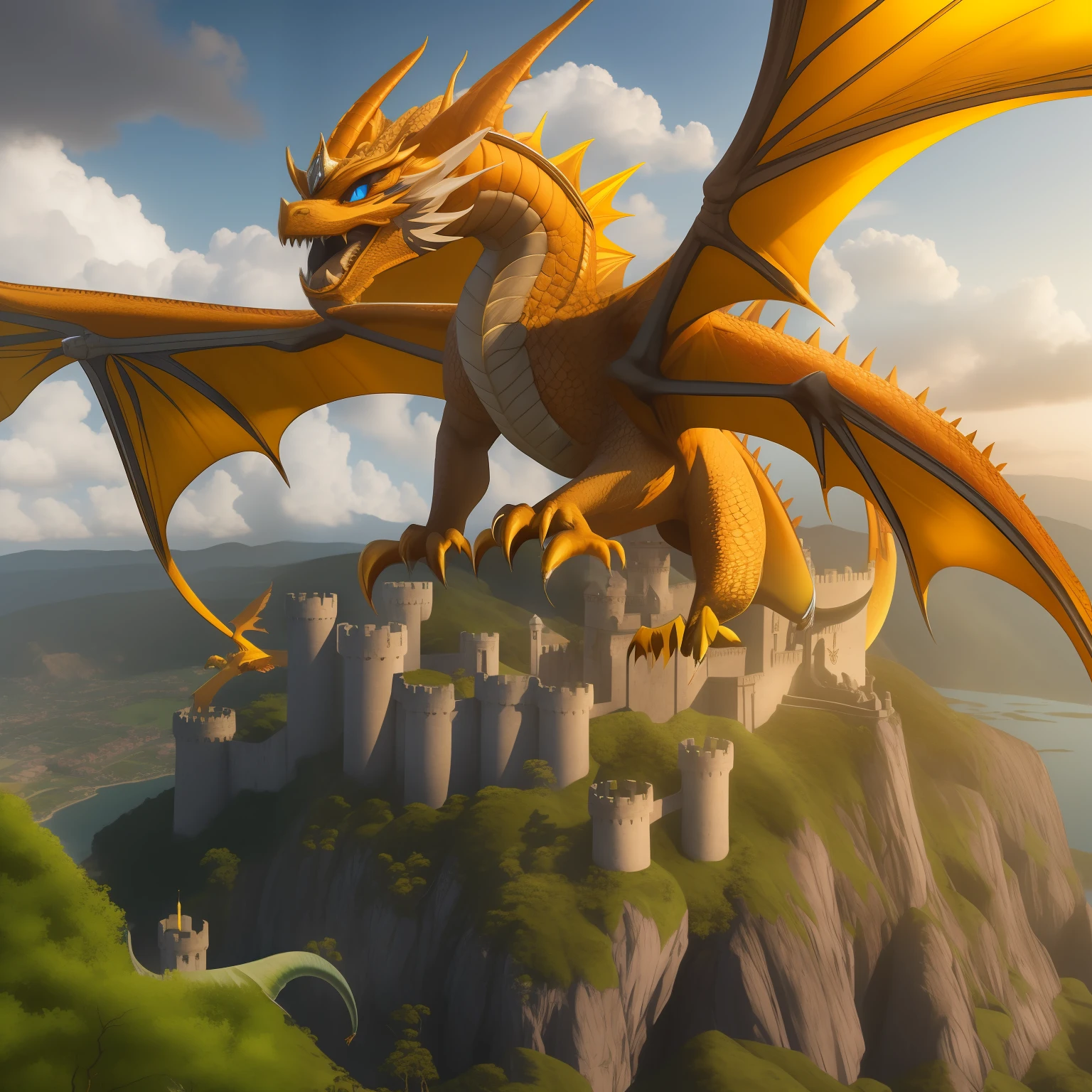 master part, Dragoned, pele amarela, 4 asas, olhos brancos, olhos brilhantes, irritado, flying in sky, dia ensolarado, (de cima), veja castelo abaixo, fundo da fantasia, extremamente detalhado, 8k, ultra realistic