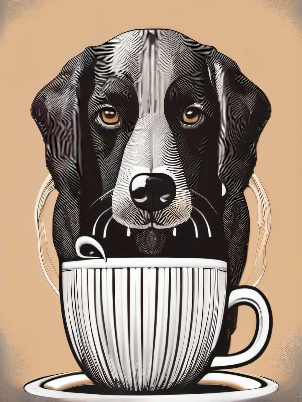 heartwarming vector art featuring a delightful cup of coffee and a lovable dog sharing a special moment together. Illustrate the coffee cup with steam rising, showcasing the rich aroma of a freshly brewed cup. Add intricate details to the coffee's froth and foam, giving it a realistic and inviting texture. Place a cute and friendly dog next to the coffee cup, with a bright and curious expression, eagerly sharing the morning experience. Set the scene in a cozy kitchen or a sunny café to enhance the feeling of warmth and companionship. This style should evoke a sense of comfort and joy, capturing the beauty of bonding over a cup of coffee, isolated, black background, in the style of 0mib
