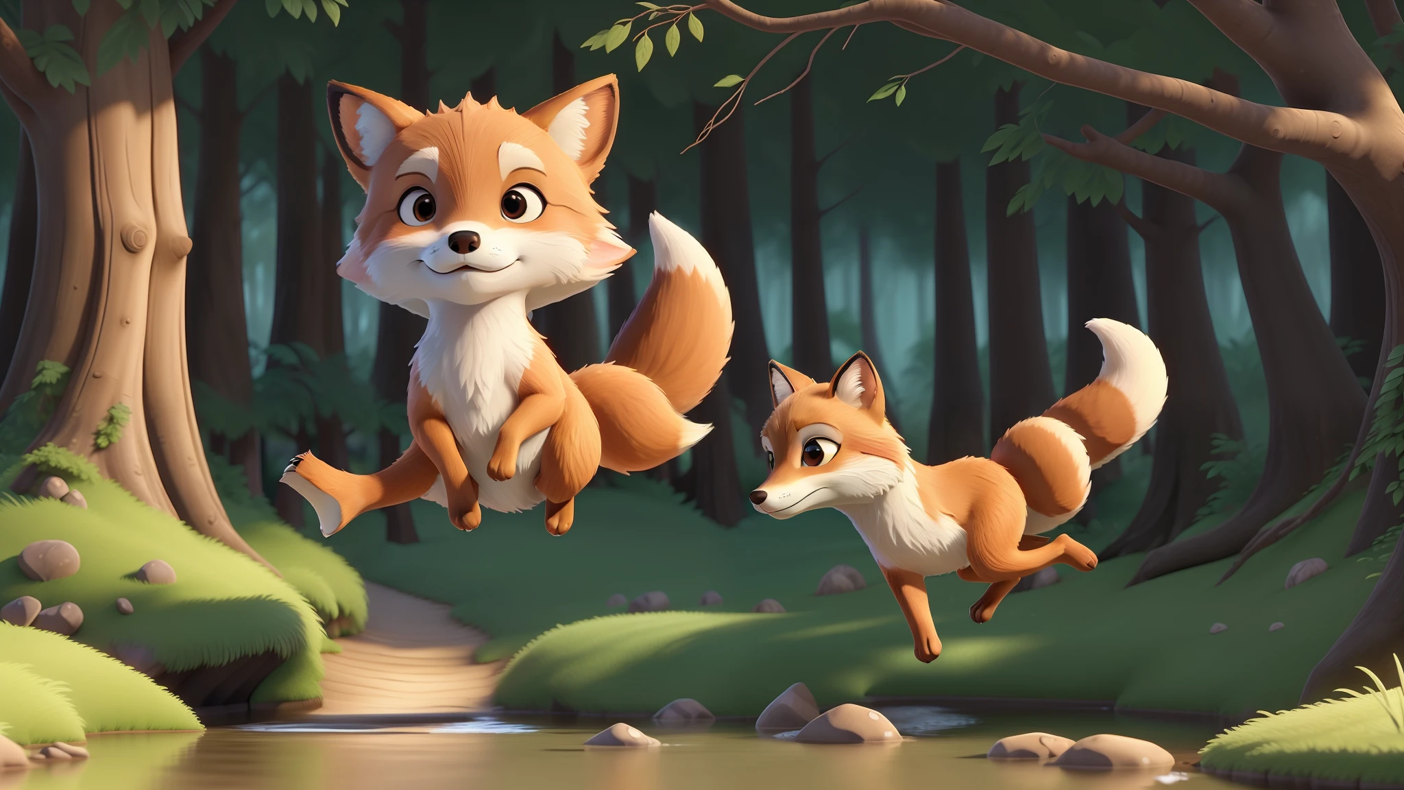 "(A  fox leaping through the trees above a stream with agility and grace.), (melhor qualidade), (obra-prima), (detalhamento excepcional:1.4), (estilo 3D)"