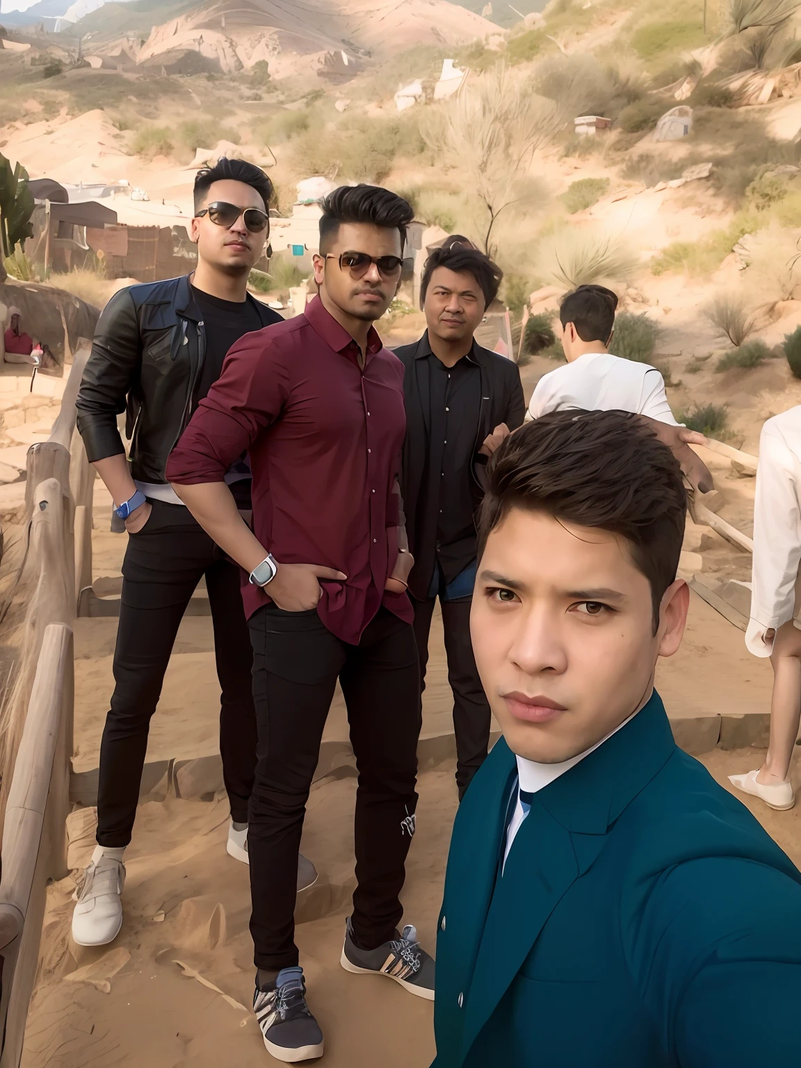 several men standing in front of a fence with a mountain in the background, with village, candid picture, stylish pose, selfie photo, posing, with accurate face, in desert, photo taken in 2 0 2 0, cool pose, selfie, cute boys, taken with the best dlsr camera, trendind everywhere, very artistic pose, very very low quality picture