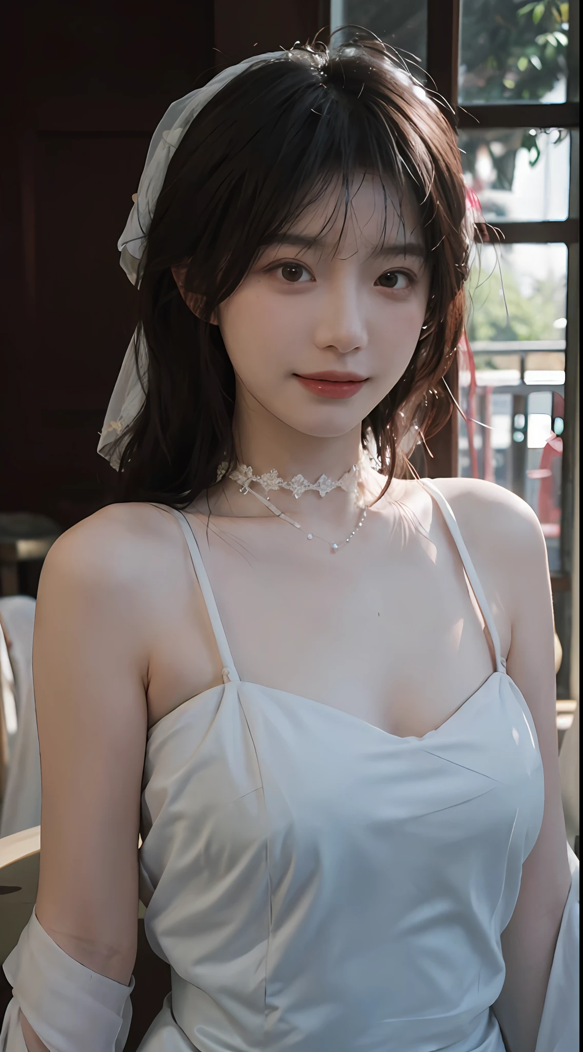 best qualtiy， 超高分辨率， （realisticlying：1.4），cute hairpin，Baoyu Girl，Stand in the wedding hall，Wearing a white bandeau wedding dress，（flatchest：1.2） ，A pair of clear and moving peach blossom eyes,Royal Sister，sunshine on face，Big wavy hairstyle，（choker necklace：1.2），（Fair skin：1.4），a sense of atmosphere，a beauty girl， ssmile，head straight-looking at viewer， closeup cleavage ，(Photorealistic:1.4),1girll,Sexy,(Upper body:1.4),(Wet body),(:1.2)