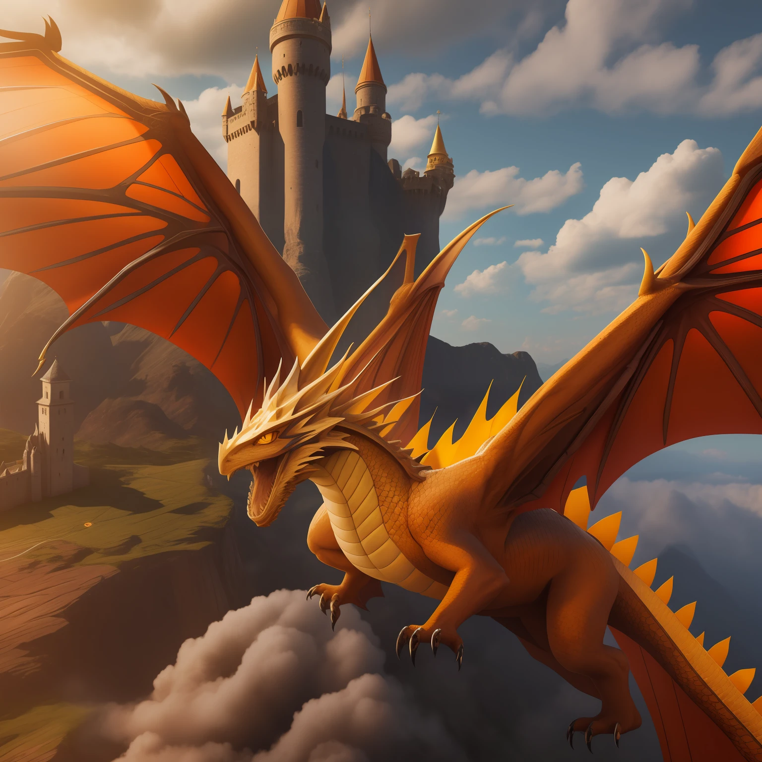master part, Dragoned, pele amarela, 2 asas, olhos vermelhos, olhos brilhantes, irritado, flying in sky, dia ensolarado, (de cima), veja castelo abaixo, fundo da fantasia, extremamente detalhado, 8k, ultra realistic