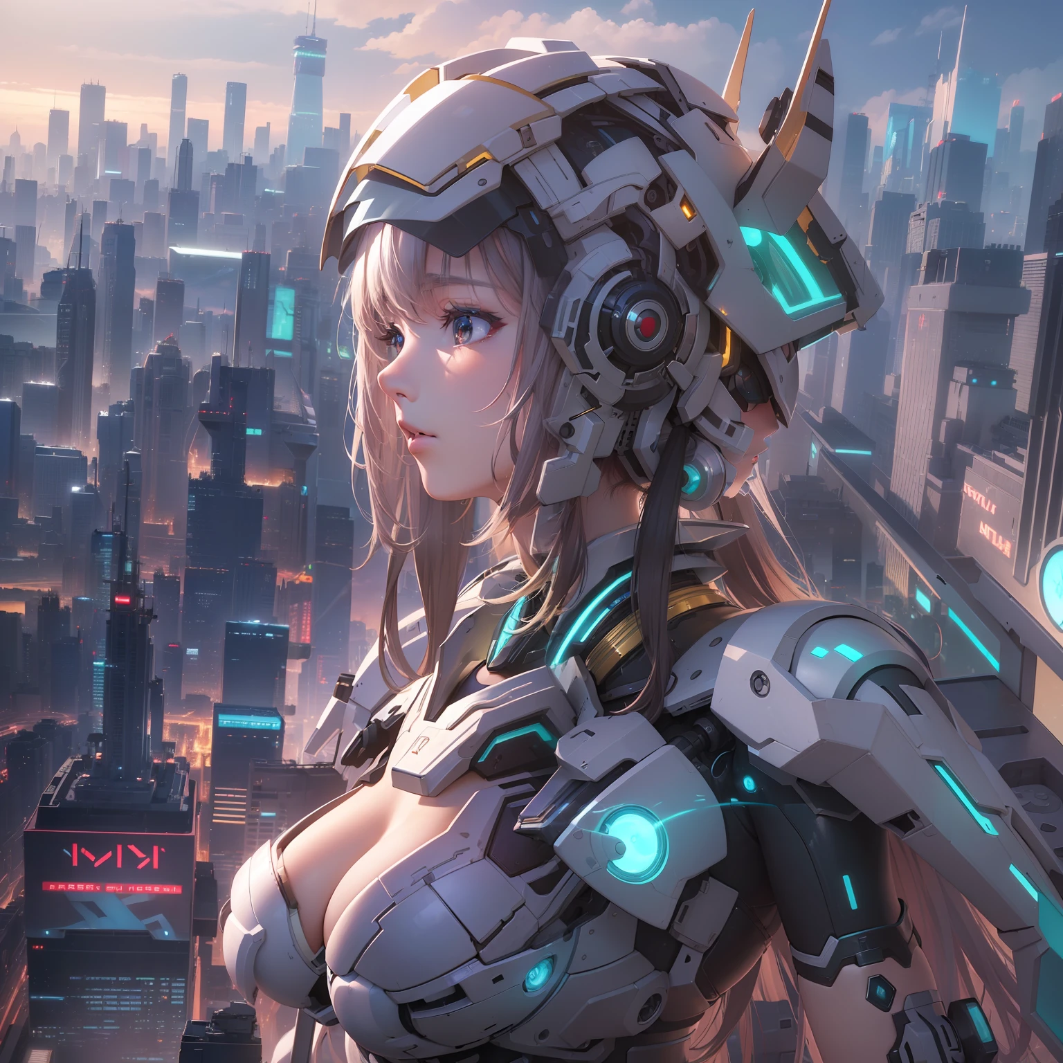(((masterpiece)))、(((top-quality)))、((ultra-definition))、(High Definition CG Illustration)、((extremely delicate and beautiful))、Girl like an anime goddess overlooking the city of the future, Cinematic Light、cyberpunked、2080s、animesque、trending on artstationh、Rachel Walker、mechanized valkyrie girl, Girl in Mecha Cyber Armor