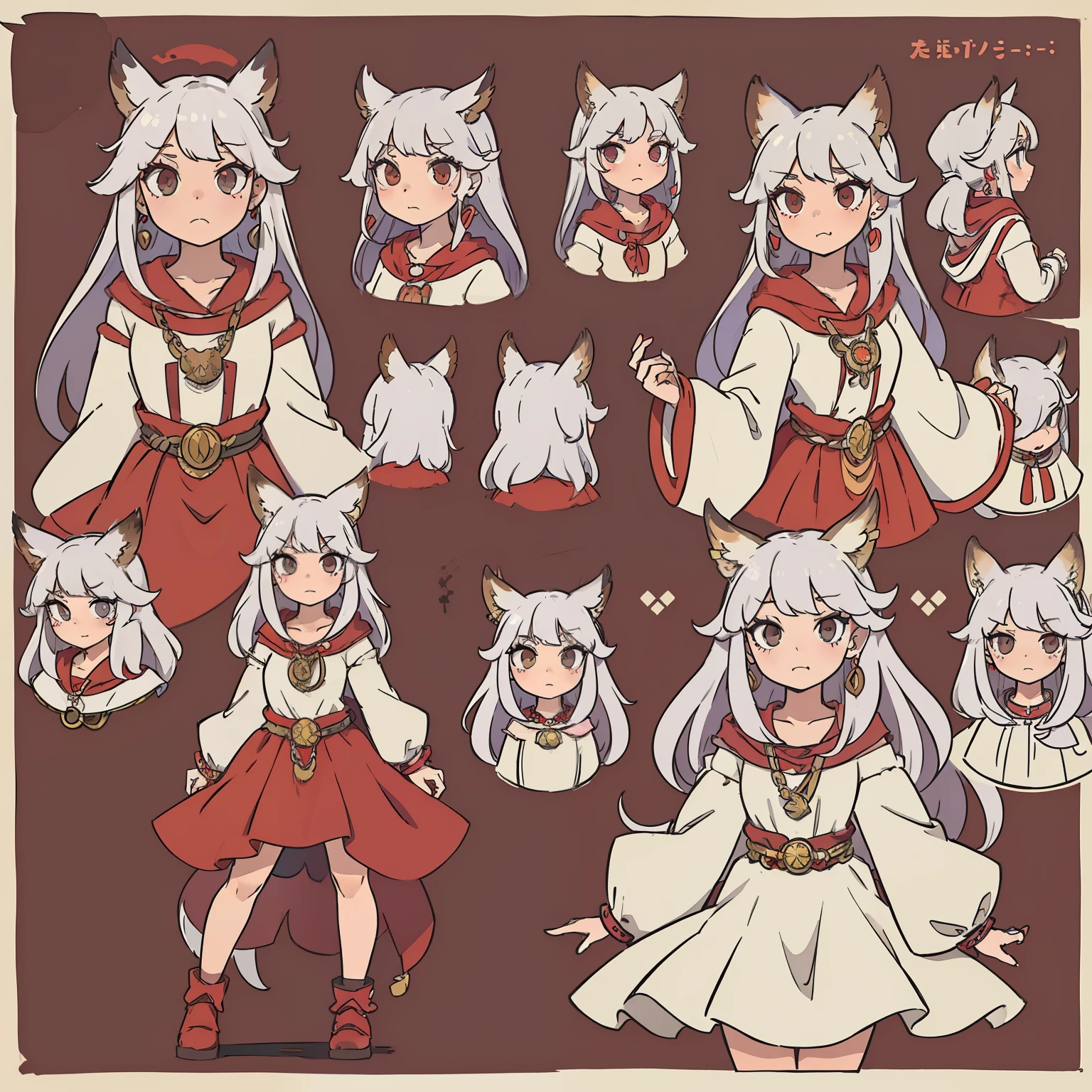 (((masterpiece))),(((best quality))),((character design sheet, character design sheet, character concept sheet, character design, character concept, character reference sheet, same character)), illustration, 1 girl, owl kemonomimi, owl girl, feather ears, long hair, spikey long hair, one fang, oval eyes, long flowing sleeves, dress, drooping sleeves, white hair, red highlights in hair, painted nails, jewelry on dress, earrings on feathered ears, chains on the dress, shackles on wrist, anime girl, no regular ears, only feathered ears