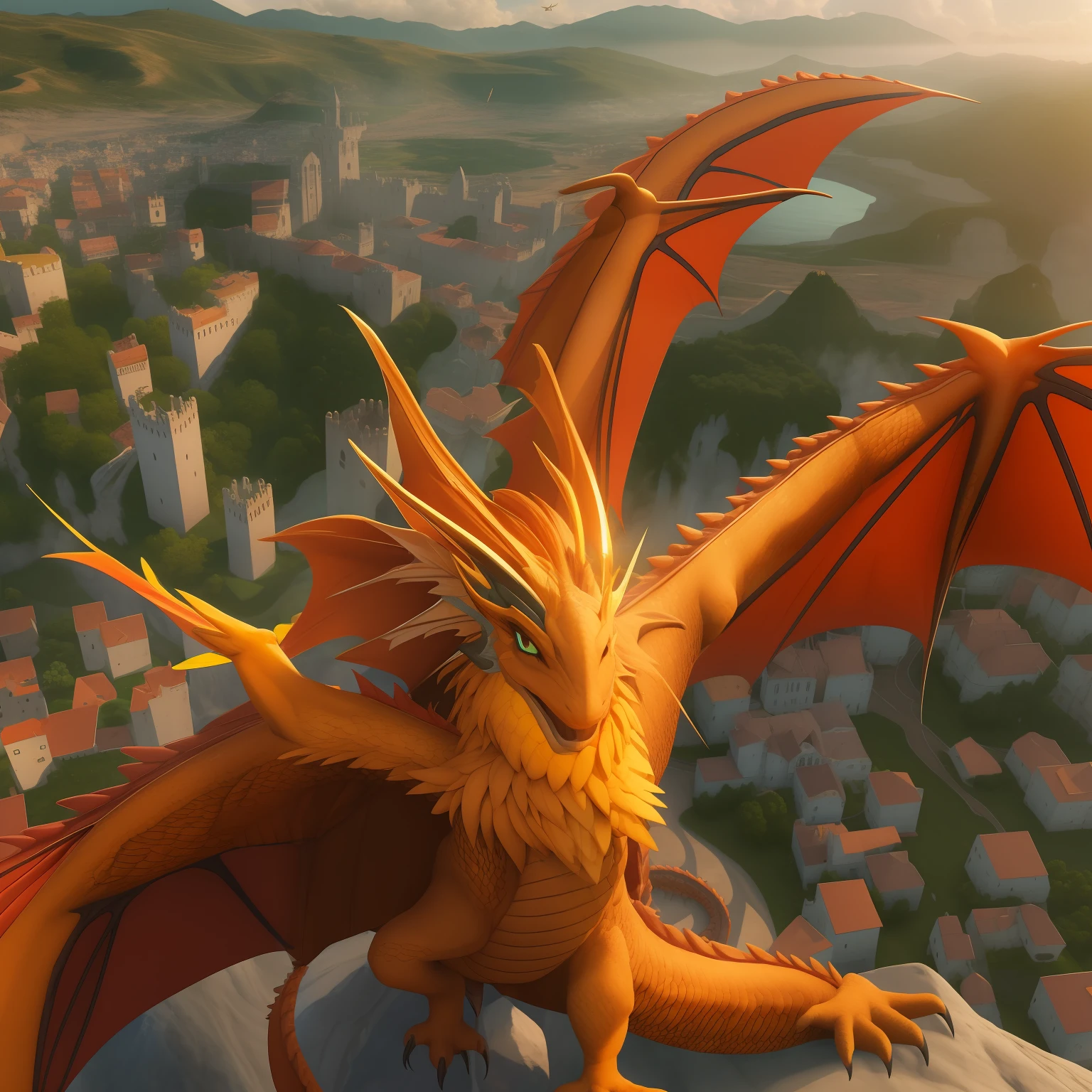 master part, Dragoned, pele amarela, 2 asas, olhos vermelhos, olhos brilhantes, irritado, flying in sky, dia ensolarado, (de cima), veja castelo abaixo, fundo da fantasia, extremamente detalhado, 8k, ultra realistic