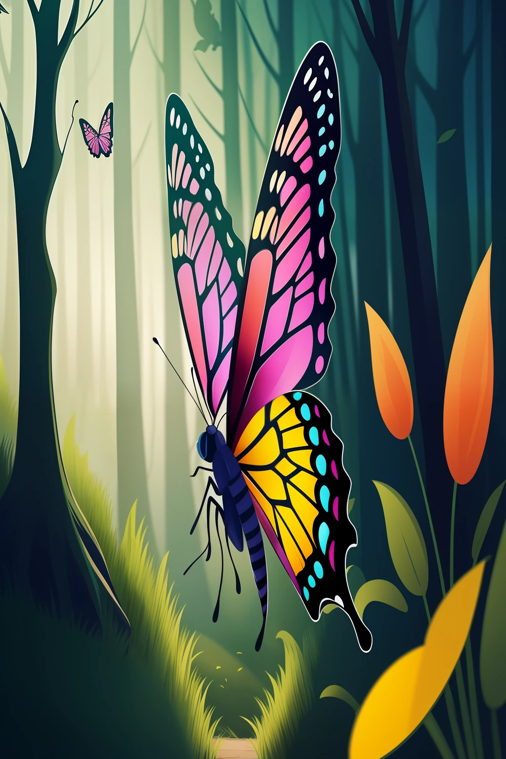 Create an illustration of a friendly colorful butterfly that inhabits the enchanted forest, sobrevoando um riacho