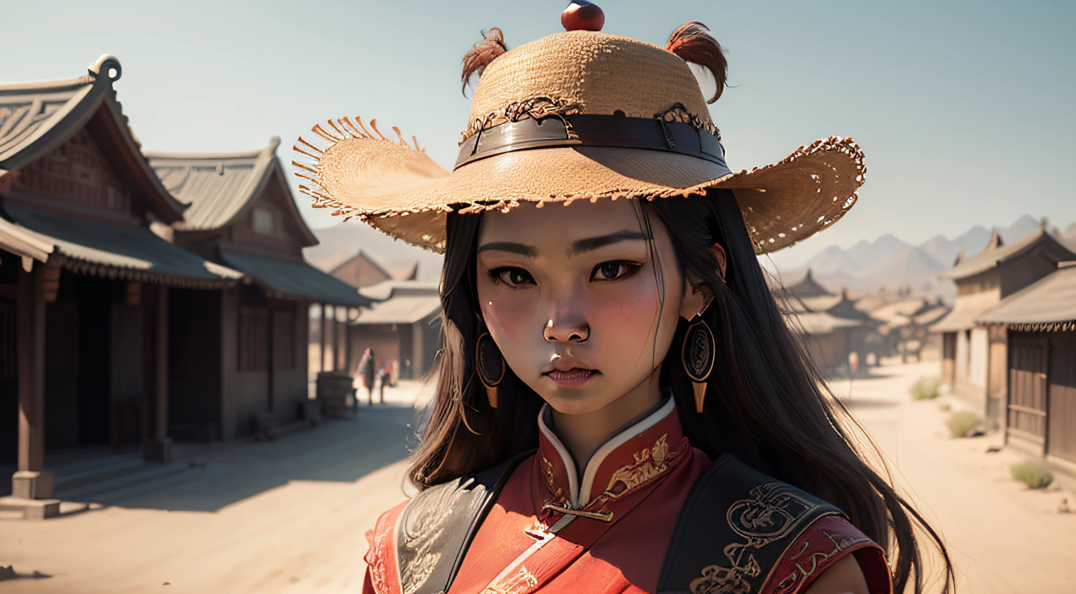 High Noon in the Desert, trending on artstation, sharp focus, studio photo, intricate details, highly detailed, chinese village, beautifull native chinese woman