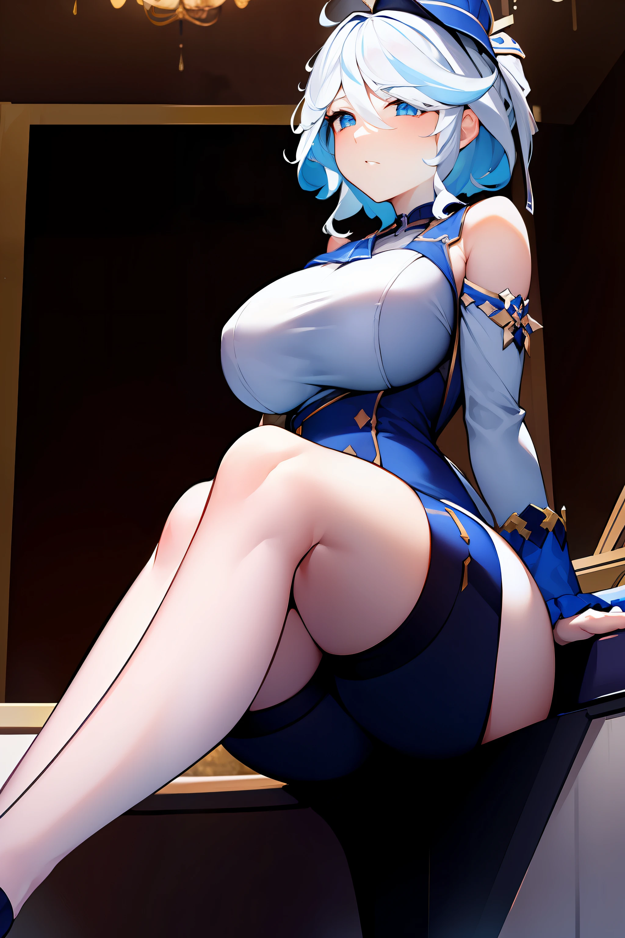 (masterpiece),best quality, expressive eyes, perfect face,w sitting, w sitting on ground, legs on ground, 1girl,
big breast, good breast,Focalors, crossing arms, beautiful, gorgeous