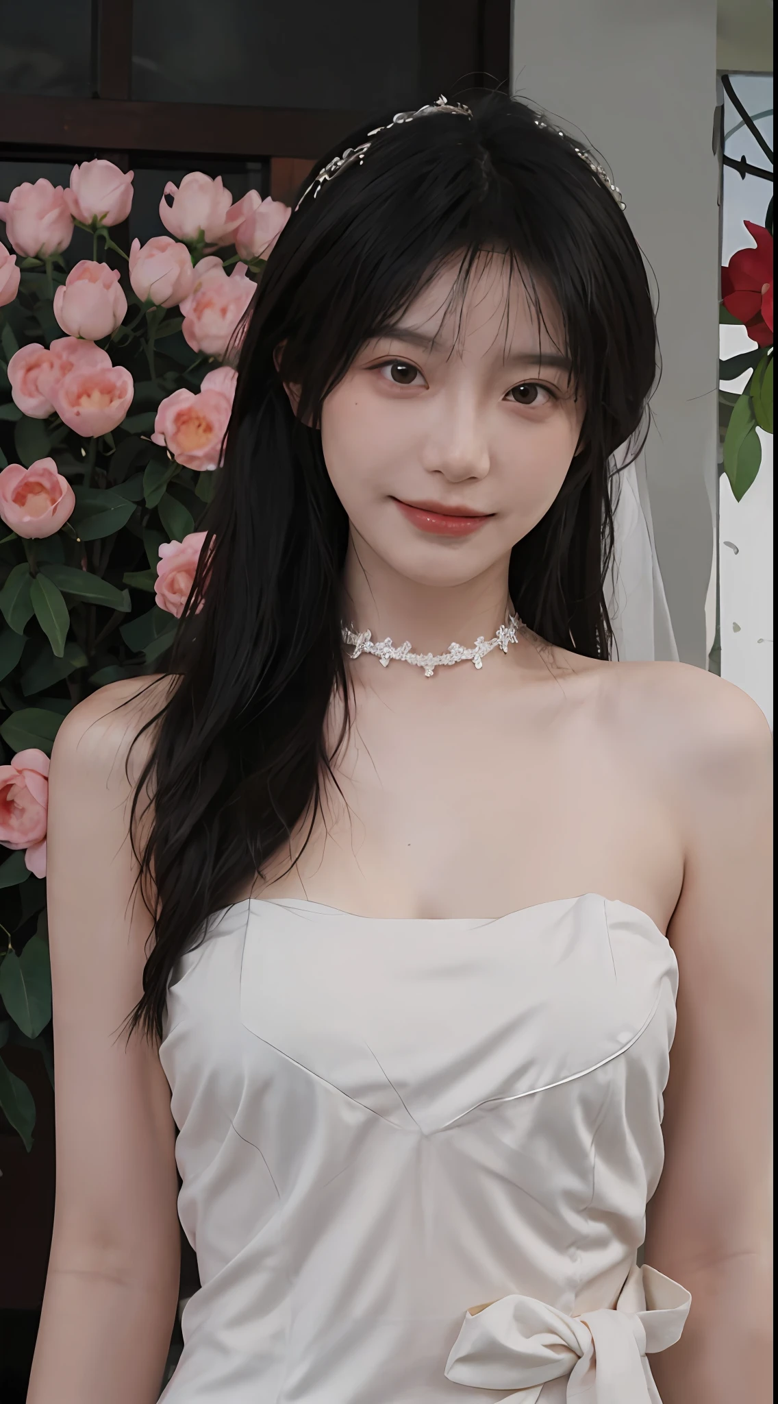 best qualtiy, 超高分辨率, (realisticlying:1.4),cute hairpin,Baoyu Girl,Stand in the wedding hall,Wearing a white bandeau wedding dress,(flatchest:1.2) ,A pair of clear and moving peach blossom eyes,Royal Sister,sunshine on face,Big wavy hairstyle,(choker necklace:1.2),(Fair skin:1.4),a sense of atmosphere,a beauty girl, Charming smile,head straight-looking at viewer, closeup cleavage ,(Photorealistic:1.4),1girll,Sexy,(Upper body:1.4),(Wet body),(:1.2)