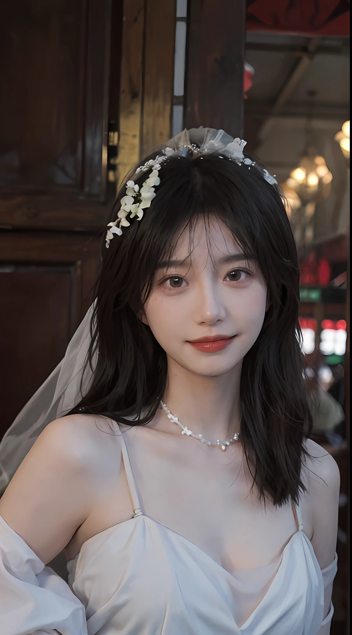 best qualtiy， 超高分辨率， （realisticlying：1.4），cute hairpin，Baoyu Girl，Stand in the wedding hall，Wearing a white bandeau wedding dress，（flatchest：1.2） ，A pair of clear and moving peach blossom eyes,Royal Sister，sunshine on face，Big wavy hairstyle，（choker necklace：1.2），（Fair skin：1.4），a sense of atmosphere，a beauty girl， Charming smile，head straight-looking at viewer， closeup cleavage ，(Photorealistic:1.4),1girll,Sexy,(Upper body:1.4),(Wet body),(:1.2)