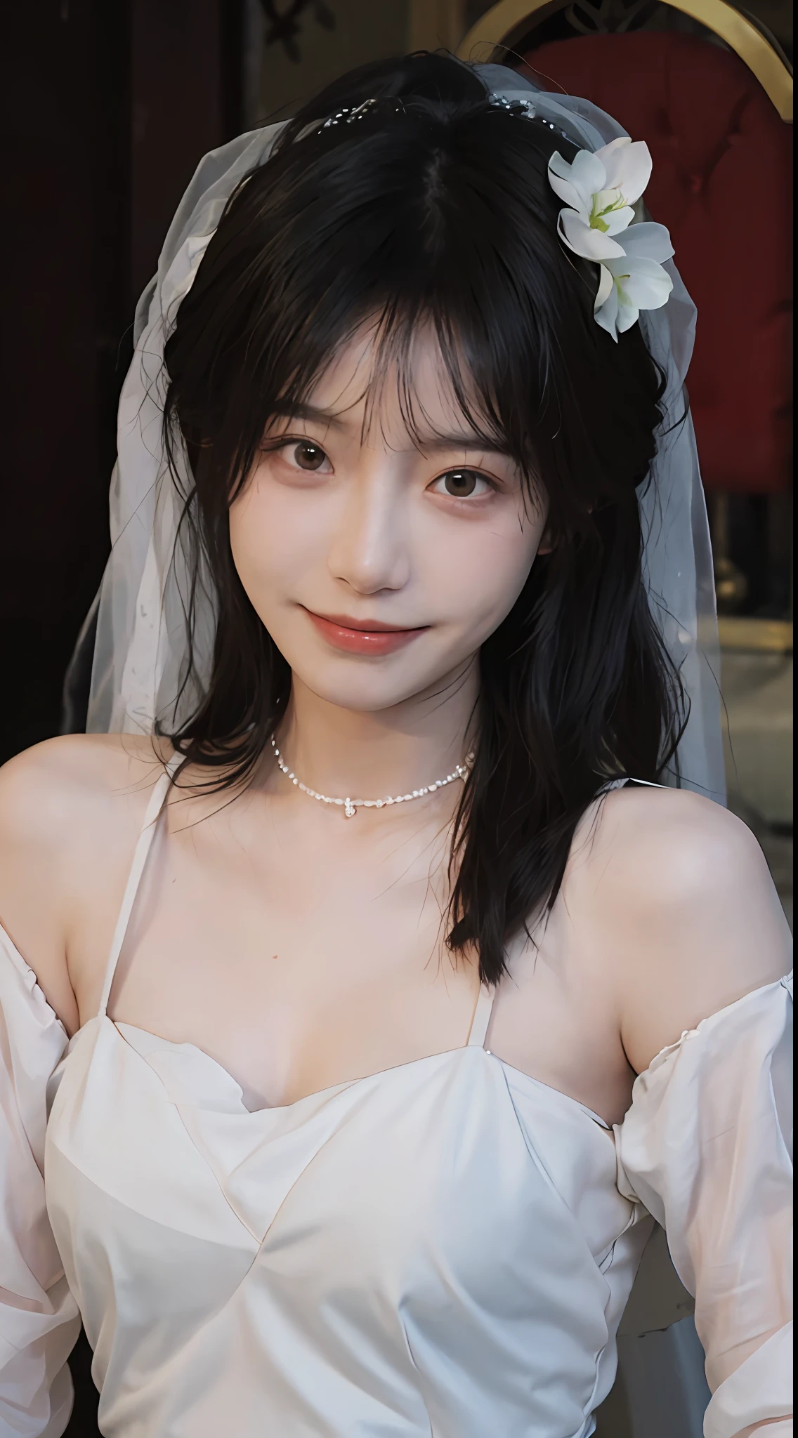 best qualtiy， 超高分辨率， （realisticlying：1.4），cute hairpin，Baoyu Girl，Stand in the wedding hall，Wearing a white bandeau wedding dress，（flatchest：1.2） ，A pair of clear and moving peach blossom eyes,Royal Sister，sunshine on face，Big wavy hairstyle，（choker necklace：1.2），（Fair skin：1.4），a sense of atmosphere，a beauty girl， Charming smile，head straight-looking at viewer， closeup cleavage ，(Photorealistic:1.4),1girll,Sexy,(Upper body:1.4),(Wet body),(:1.2)
