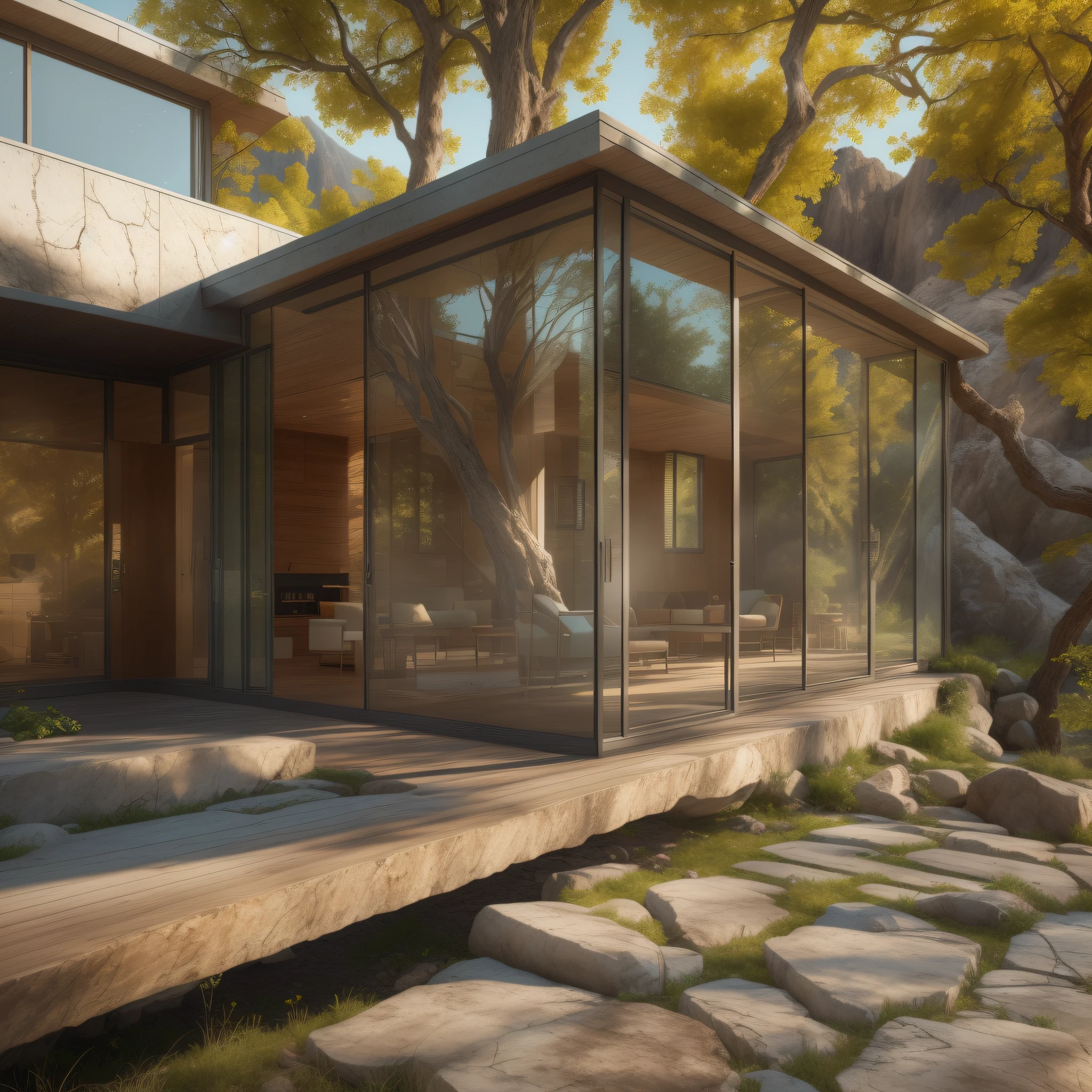 exterior facade corner of a house with a glass wall and a tree, Daily Arch, stone and glass, award winning architecture, Architecture Photography Award, rustic modern, beautiful home, architectural photo, glass windows, architecture award winner , organic buildings, ( visually stunning, integrated into the mountains, large glass windows, award-winning architecture, organic architecture, ((best quality)), ((masterpiece)), ((artstation)), cinematic lighting, sharp focus, intricate, highly detailed, hyperrealistic, octane rendering, uhd, dslr, 32k, natural lighting, global lighting, clean professional prototype color correction, photorealistic, high definition, hdr
