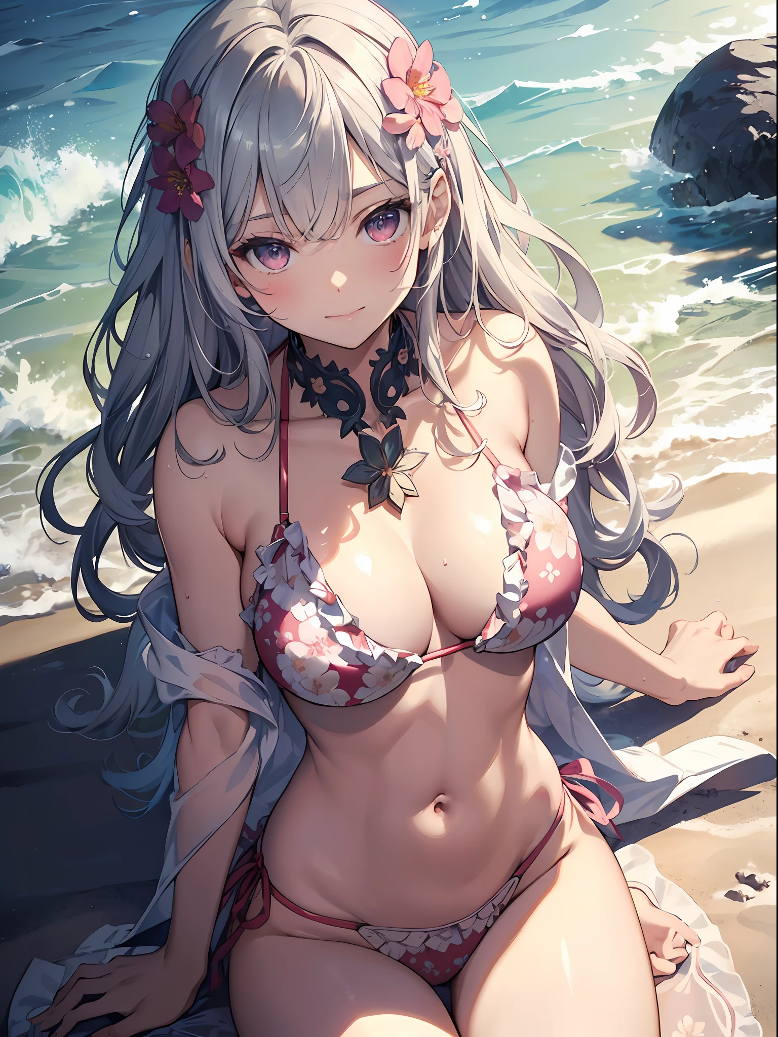 (​masterpiece、top-quality、,8K),(extremely detailed CG1.1),1 girl,(close range:1.4),(short silvery curly hair:1.2),Pink eyes、Smile,(Floral ruffled bikini:1.3),large boob,Beautiful skins、Detailed eyes、(long lashes),(abdominals:1.2),Beach,(From  above:1.2),POV、Sitting,Summer light,Intricate details , (Hyper realistic:1.3),Perfect Anatomy