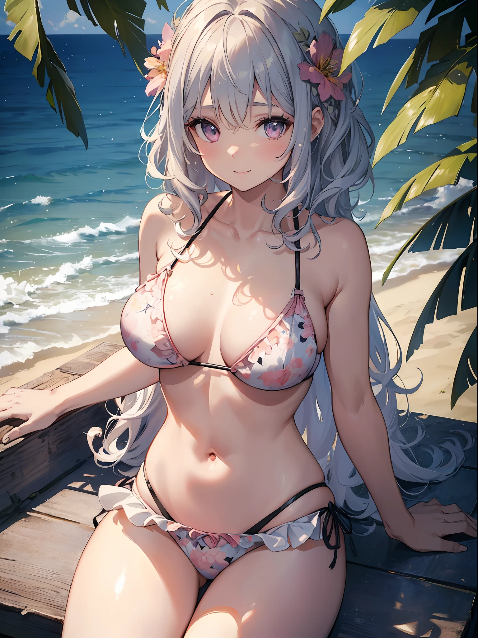 (masterpiece、top-quality、,8K),(extremely detailed CG1.1),1 girl,(close range:1.4),(short silvery curly hair:1.2),Pink eyes、Smile,(Floral ruffled bikini:1.3),large boob,Beautiful skins、Detailed eyes、(long lashes),(abdominals:1.2),Beach,(From above:1.2),POV、Sitting,Summer light,Intricate details , (Hyper realistic:1.3),Perfect Anatomy