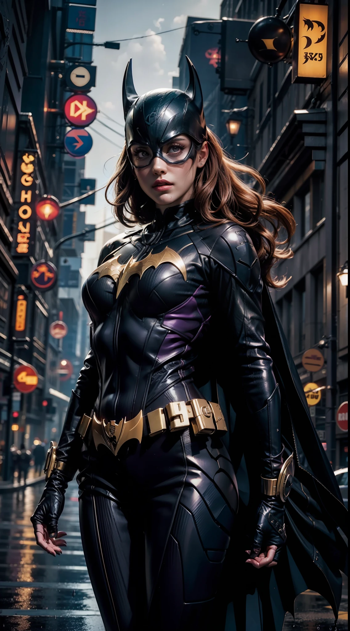 barbara gordon, purple color clothing, beauty, Batgirl clothes, Batgirl cosplay, wind effect, full body photo, prominent figure, standing on the edge of a skyscraper, night, photo (Masterpiece) (Best quality) (Detail) (8K) (HD) (Wallpaper) (Cinematic lighting) (Sharp focus) (Intricate), sexy, rain, wet, rays, best quality, ultra high resolution, photorealistic, full body portrait, incredibly beautiful, dynamic poses, detailed skin texture, highly detailed skin, detailed face,