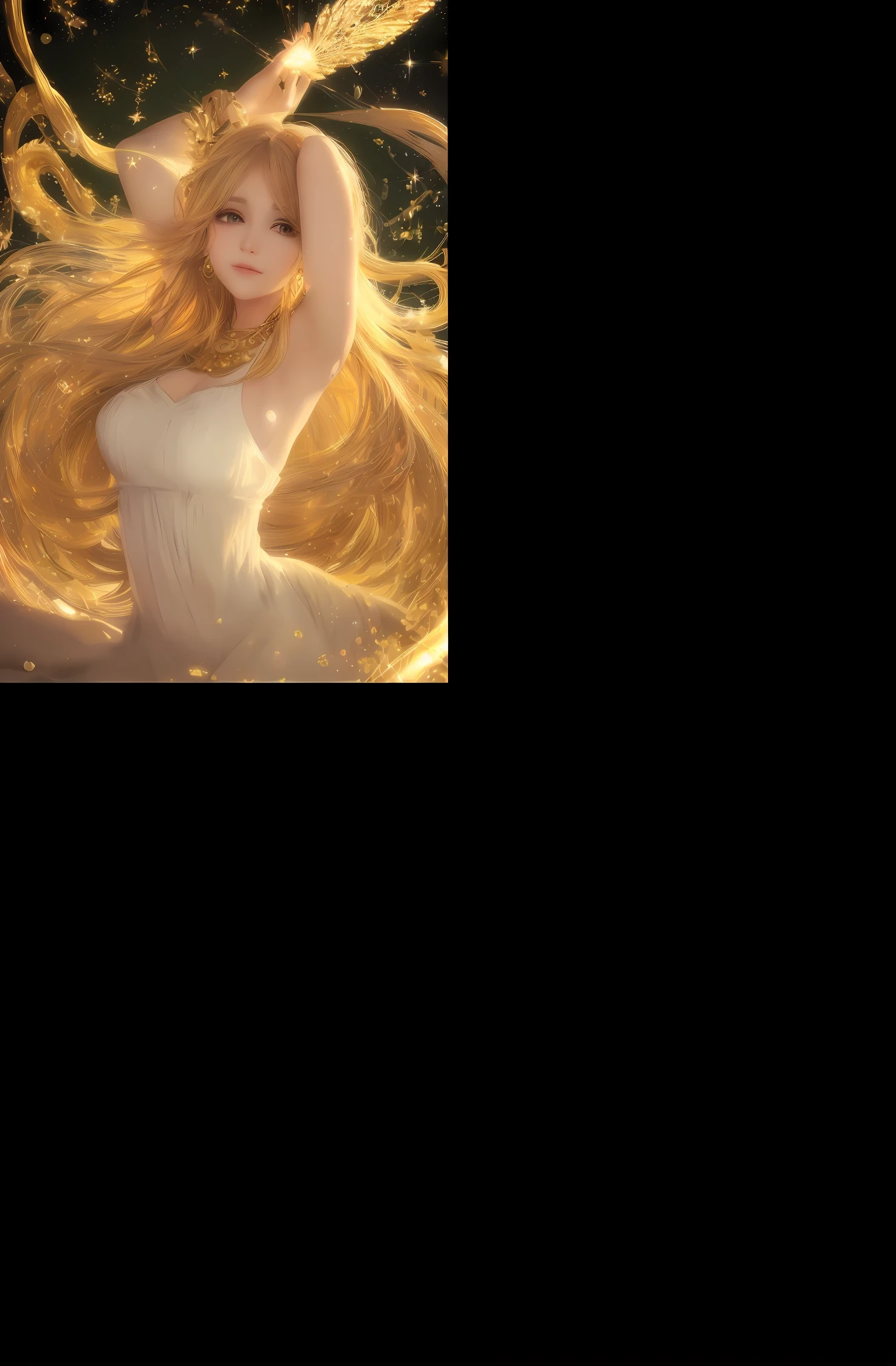 (best quality, master part, art-station, arte de fantasia:1.2), a cute beautiful girl who is in a temple, (long messy gold hair:1.1), (camiseta branca, jewelries:1.2)