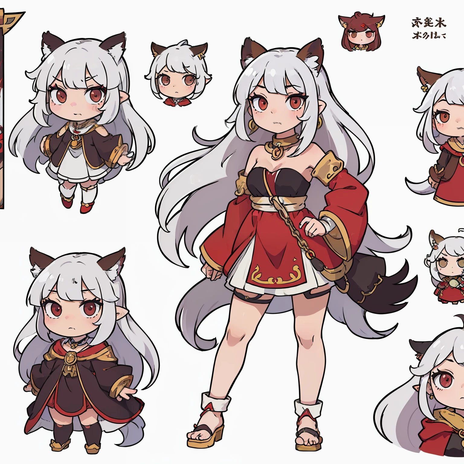 (((masterpiece))),(((best quality))),((character design sheet, character design sheet, character concept sheet, character design, character concept, character reference sheet, same character, same design, front, back, side, close up, full body, multiple expressions)), illustration, 1 girl, owl kemonomimi, owl girl, feather ears, long hair, spikey long hair, one fang, oval eyes, long flowing sleeves, dress, drooping sleeves, white hair, red highlights in hair, painted nails, jewelry on dress, earrings on feathered ears, chains on the dress, shackles on wrist, anime girl, no regular ears, only feathered ears