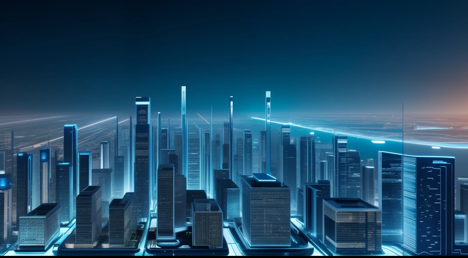blue colors，Rich and intricate details，Future curve abstract style，Technology elements，AI-generated images of technology present visually appealing futuristic scenarios。In the foreground，The urban complex of the future transparent material is located on smooth transparent panels，Exudes a soft and ethereal glow。Holograms show complex patterns、Visualize data and vibrant colors，It represents the fusion of information and innovation。A high resolution