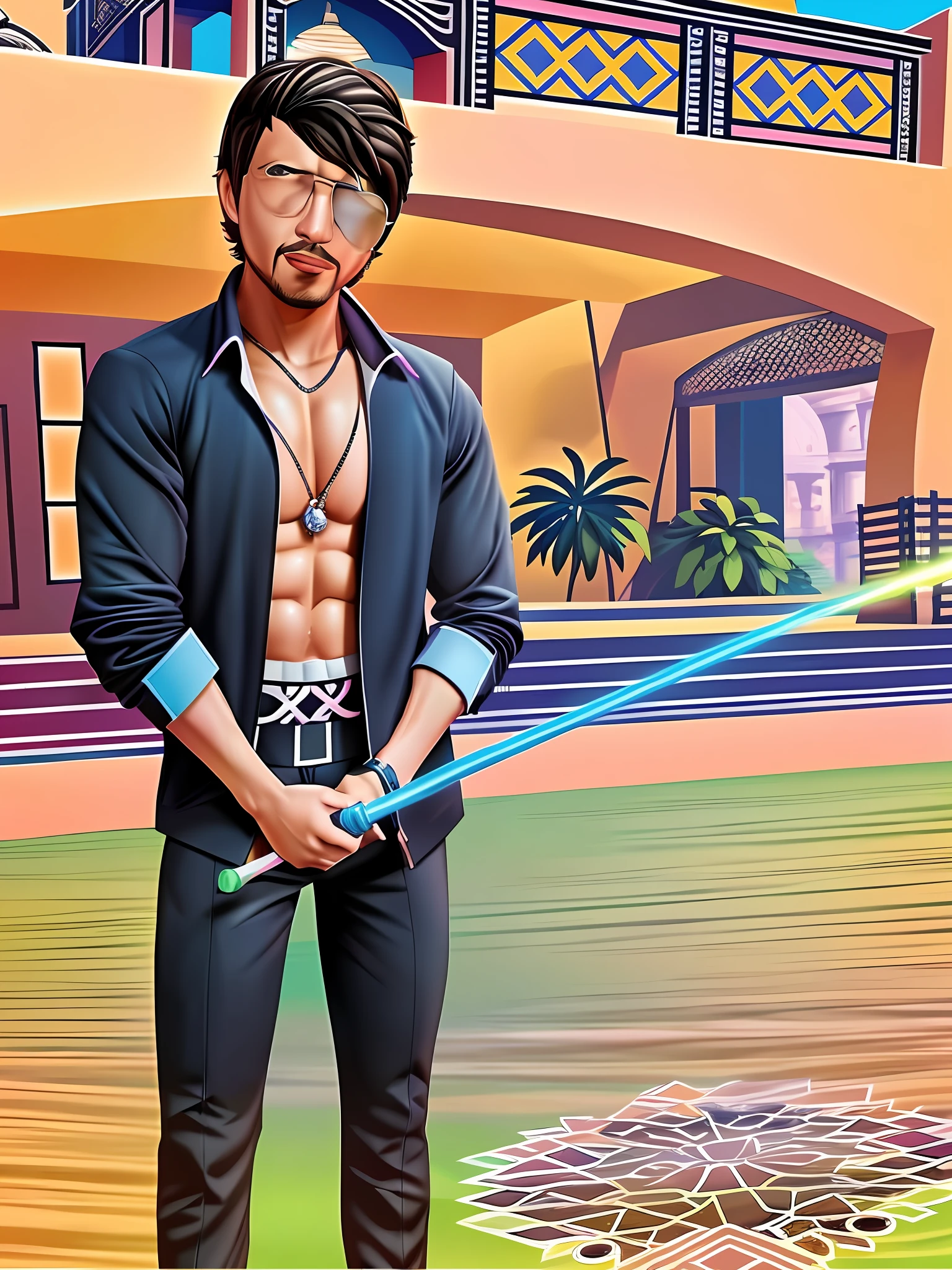desenho animado de um homem com uma espada em um campo de beisebol, in illustration style digital, stylized digital illustration, arte digital estilizada, handsome prince of persia, gta vice arte estilo cidade, em estilo de pintura digital, arte de pintura digital dos desenhos animados, arte digital #OneShotGame, arte digital dos desenhos animados, digital illustration -, pose estilosa, estilo pintura digital