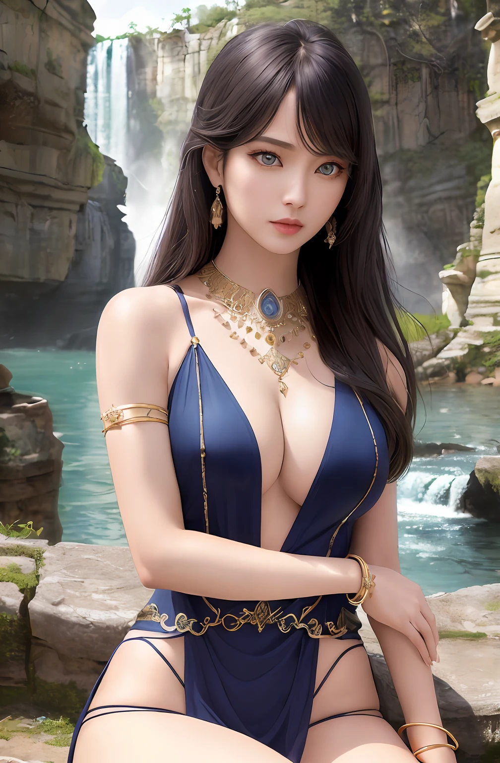 ((Realistic:1.5)),Ulzzang-6500:0.7,((Best quality)), ((Masterpiece)),((Detailed)),2girls,duo,{2 beautiful women}, (Upper body:1.3),Hug and touch each other, Tease your friend's waist, Breathless friends, Biting a friend's earlobe, crouched,super wide shot,Face focus, Long legs,Curvy, Barefoot,Wide hips, Thin legs, Oversized eyes,Long eyelashes, (Detailed face,beautidful eyes, detailedpupils,detailed clothes features, Clear background:1.3), (armlets, bangle:1.3), Mysterious ancient ruins, floresta exuberante, Deep canyon,bridge,River,cliff,Cloud,lakes,Rock music,Waterfalls, Flowers, Grass,grape trees,tree,bright detail,Sharp,Perfect compounding, Intricate, Sharp focus, Dramatic,