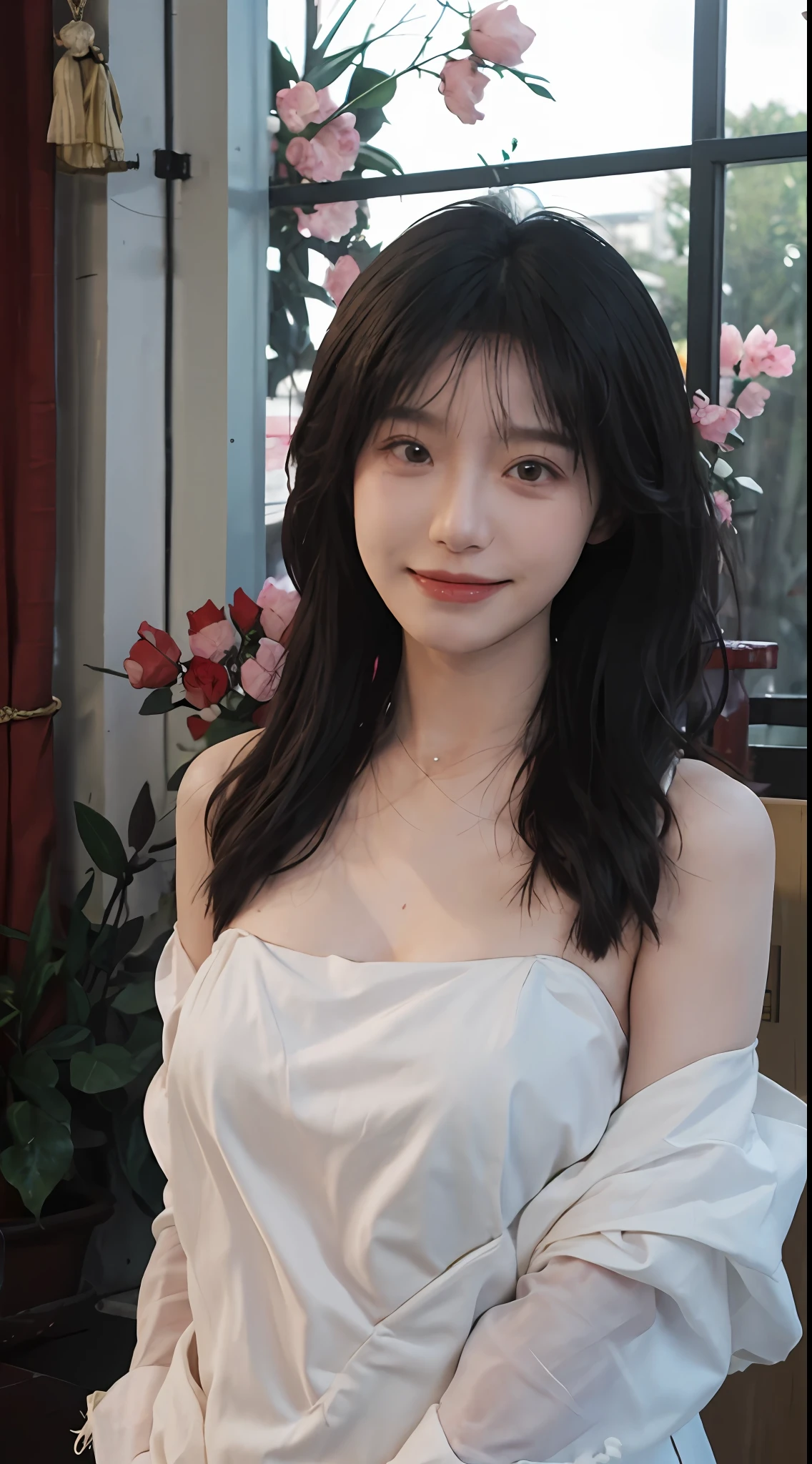 best qualtiy, 超高分辨率, (realisticlying:1.4),cute hairpin,Baoyu Girl,Stand in the wedding hall,Wearing a white bandeau wedding dress,(flatchest:1.2) ,A pair of clear and moving peach blossom eyes,Royal Sister,sunshine on face,Big wavy hairstyle,(choker necklace:1.2),(Fair skin:1.4),a sense of atmosphere,a beauty girl, Charming smile,head straight-looking at viewer, closeup cleavage ,(Photorealistic:1.4),1girll,Sexy,(Upper body:1.4),(Wet body),(:1.2)